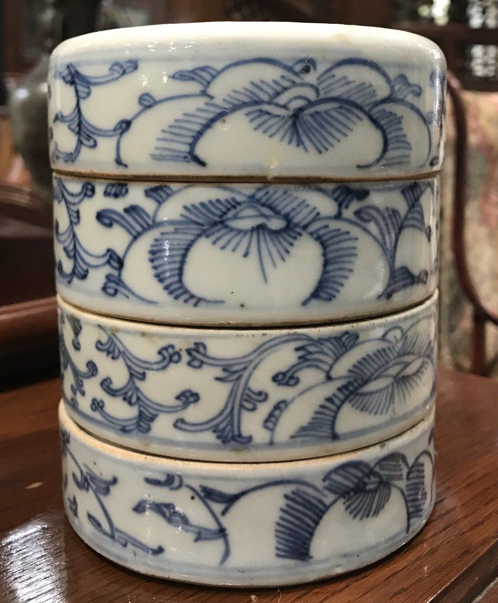 4pc Stacking Porcelain Blue + White Transferware Apothecary Dishes 4