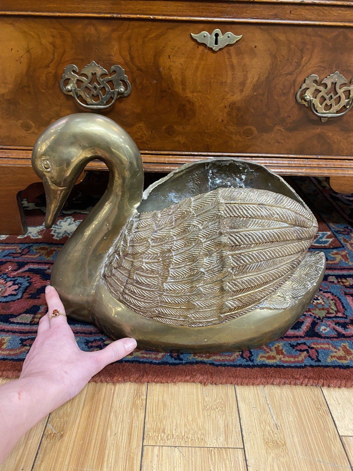 Vintage Large HEAVY Solid Brass Figural Swan Floor Planter 10