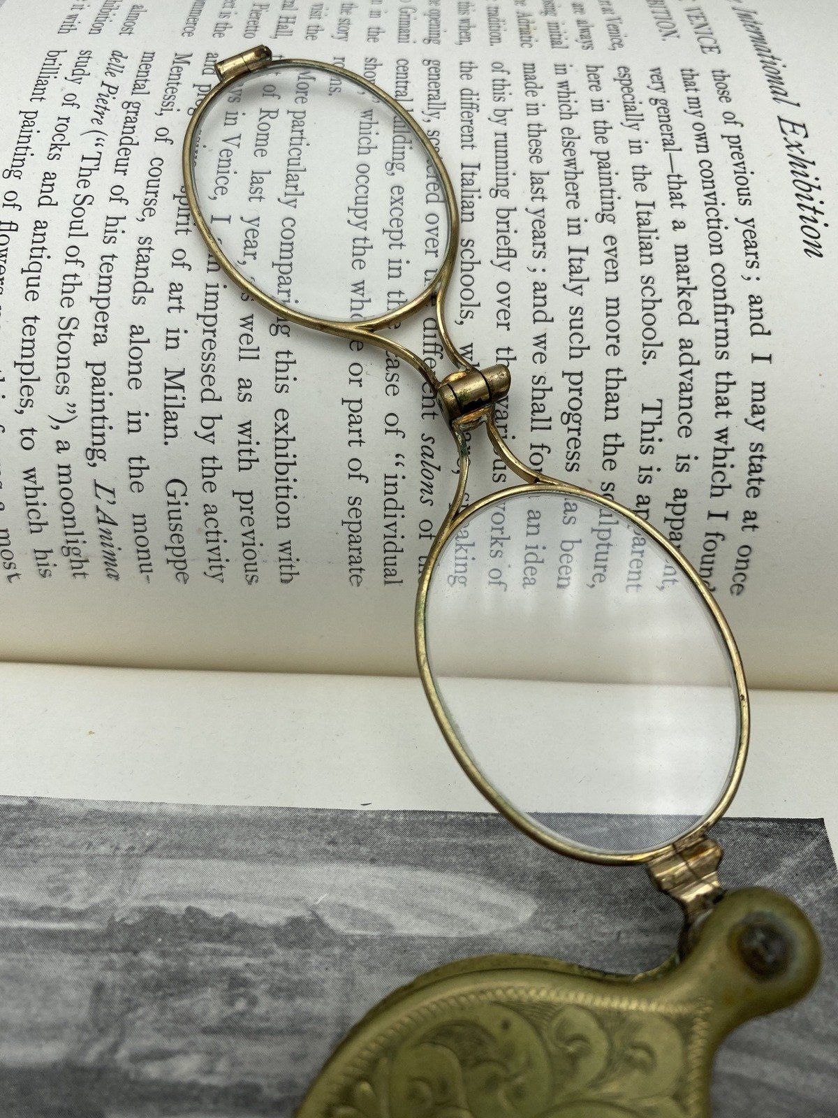 Antique Edwardian Etched Brass Lorgnette Opera Eye/Reading Retractable Glasses w Grosgrain Cord 7