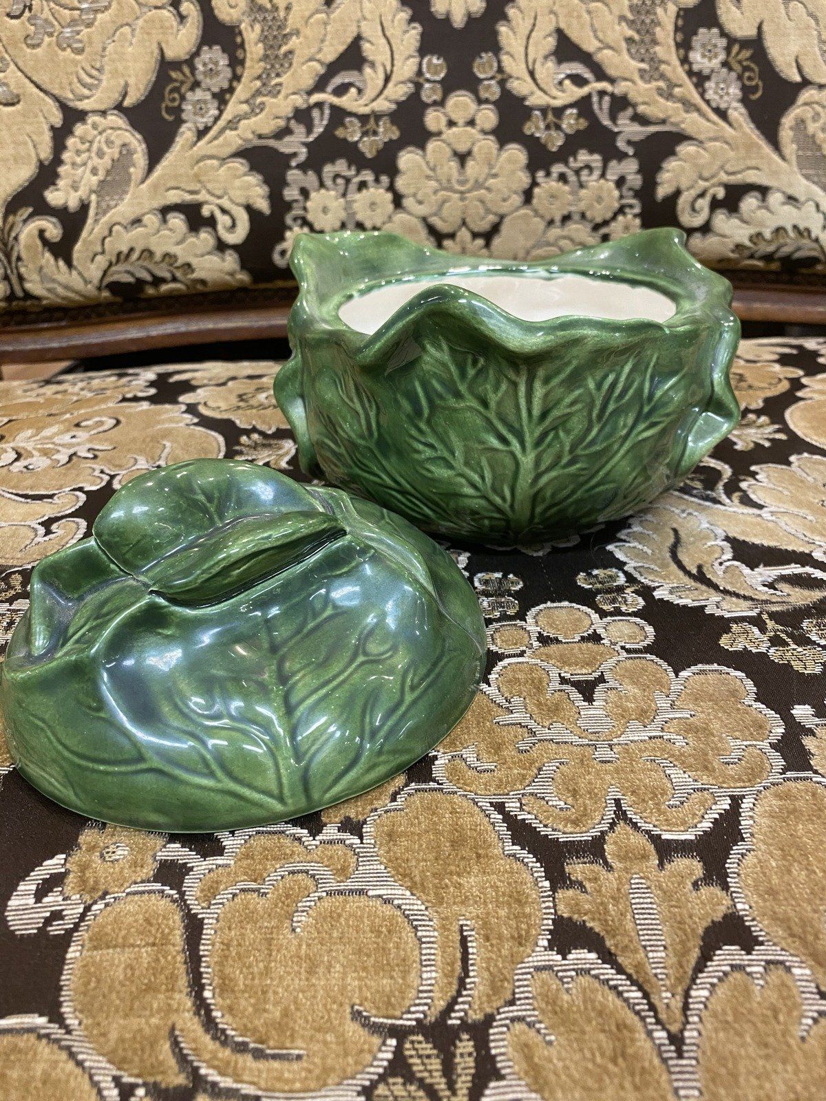 Vintage Holland Mold Lidded Cabbage Leaf Majolica Ceramic Serving Bowl + Lid 6