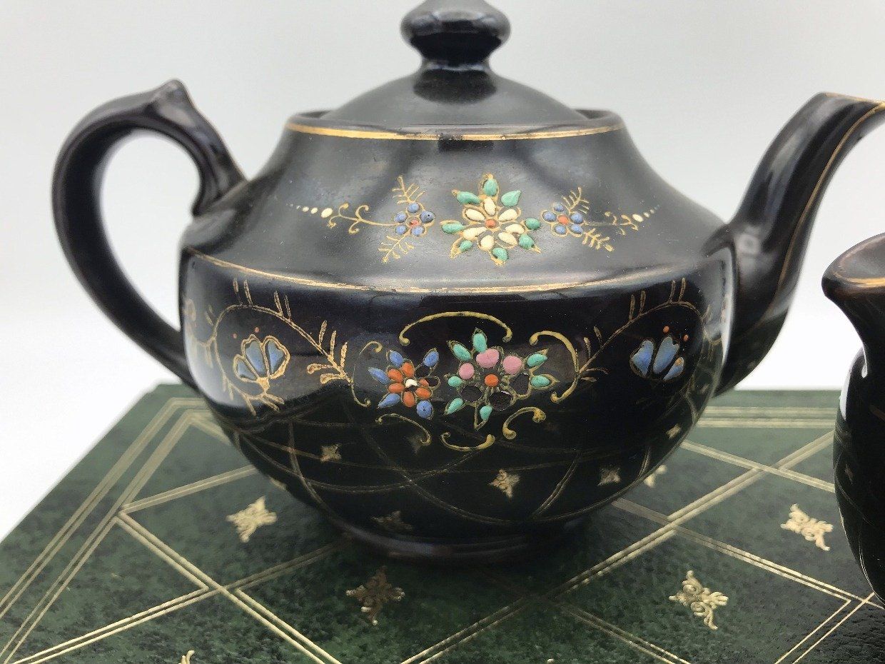Occupied Japan Black Teapot + Creamer w Colorful Enamel Painted Motif 2