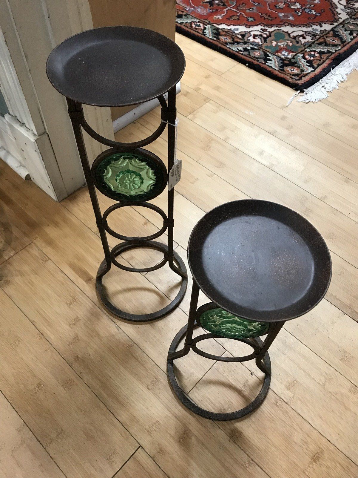 Pair of Tiered Molded Blue Glass Decorative Iron Stands 3