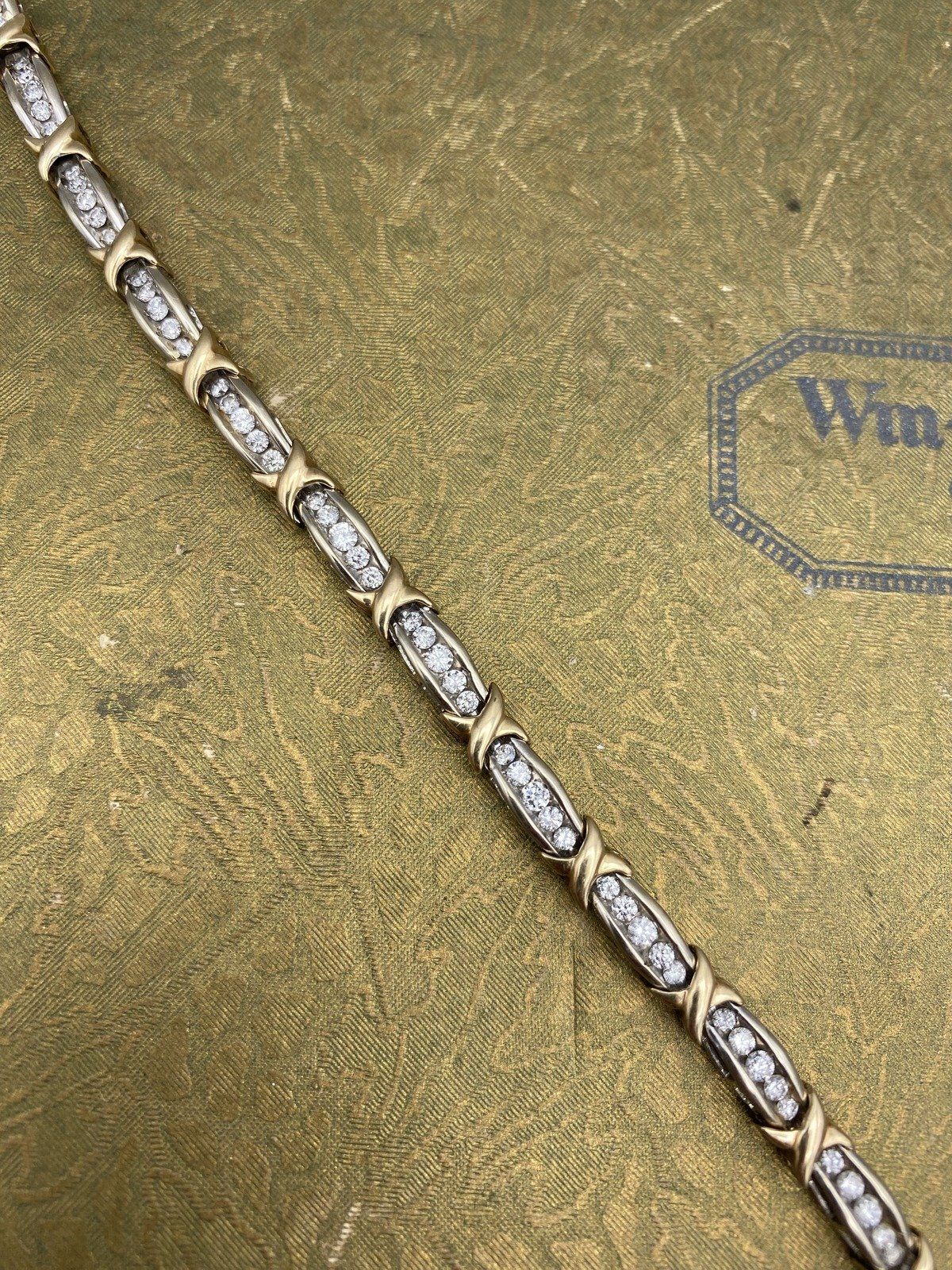 10k Dual Gold Channel Set Diamond Tennis Bracelet w Intersection Cross Link 6.5L #2580 2