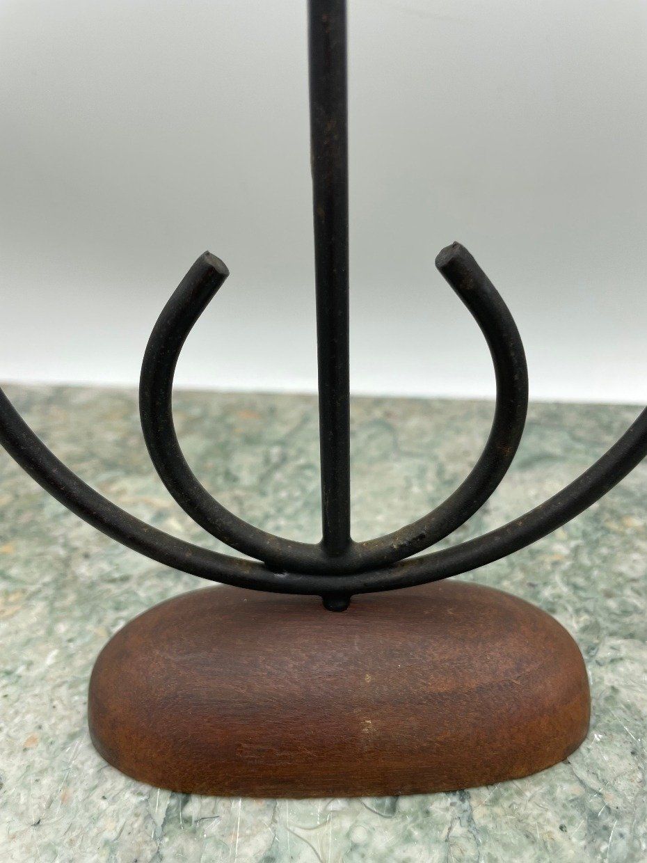 Shapely Wooden Three Spot Candle Stick Holder w Iron Crescent Center 2