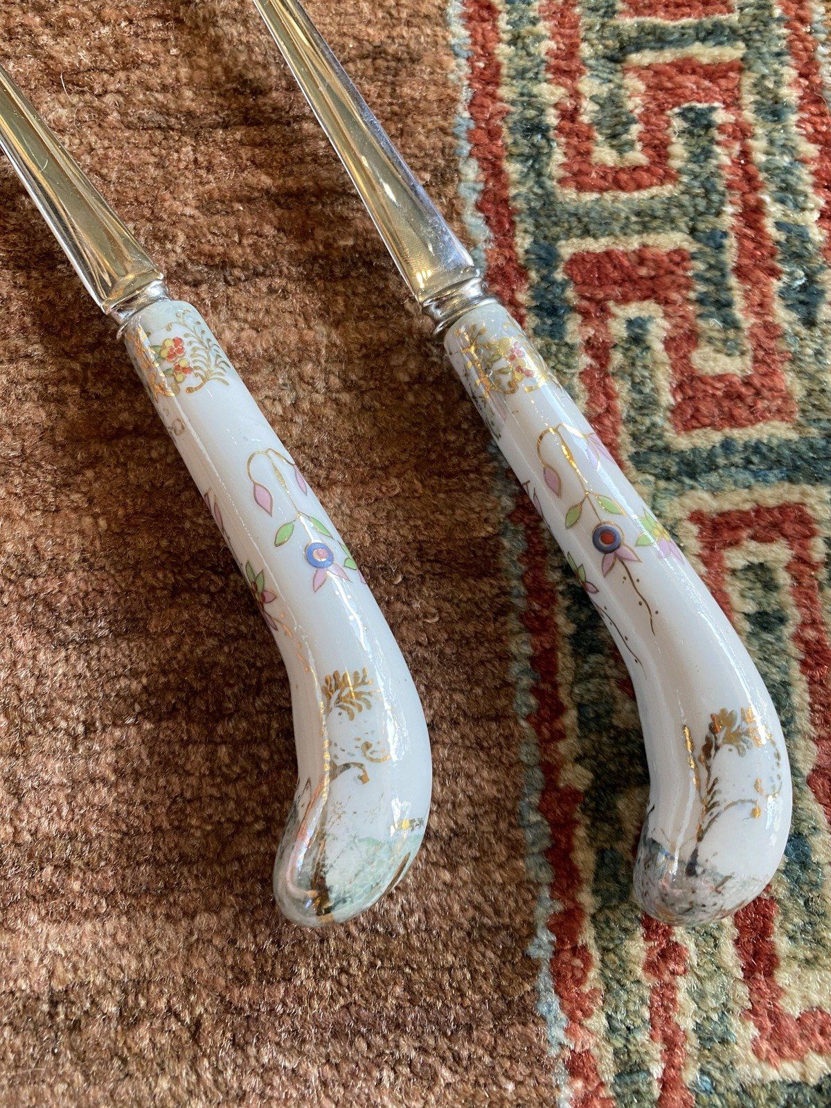 English Botanical + Gilt Porcelain Handle Serving Utensil Set 11