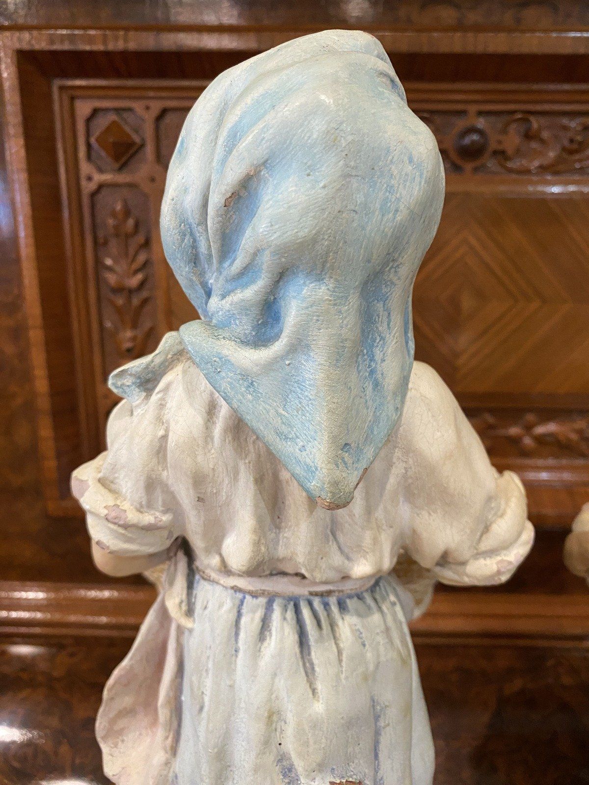 Antique 19th c. Figural Pair of Pottery Sculpture w Wash Bowl Basins 8