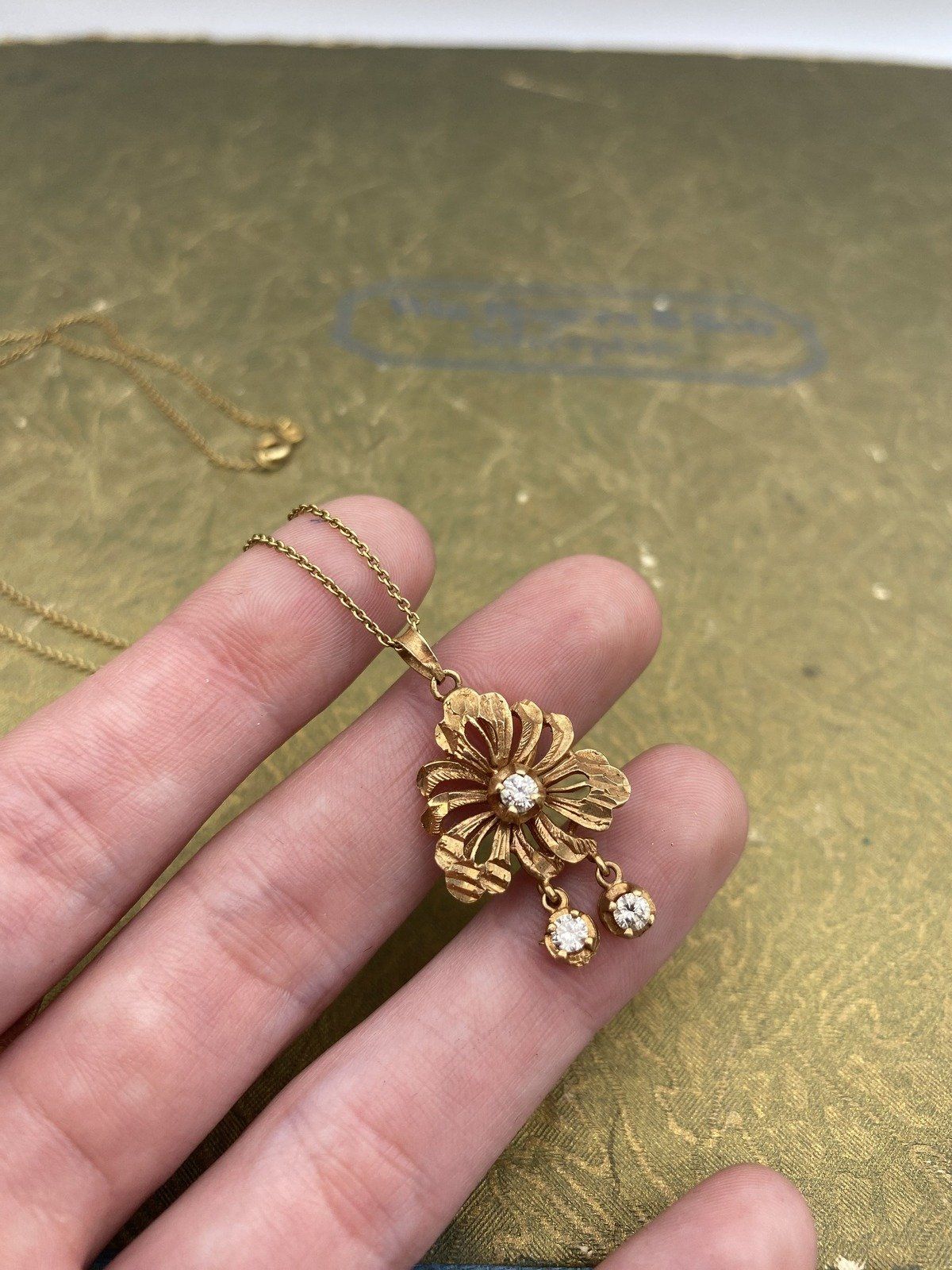 Antique Victorian 18k Gold Flower 18L Drop Necklace w Diamond Center + Charms 8