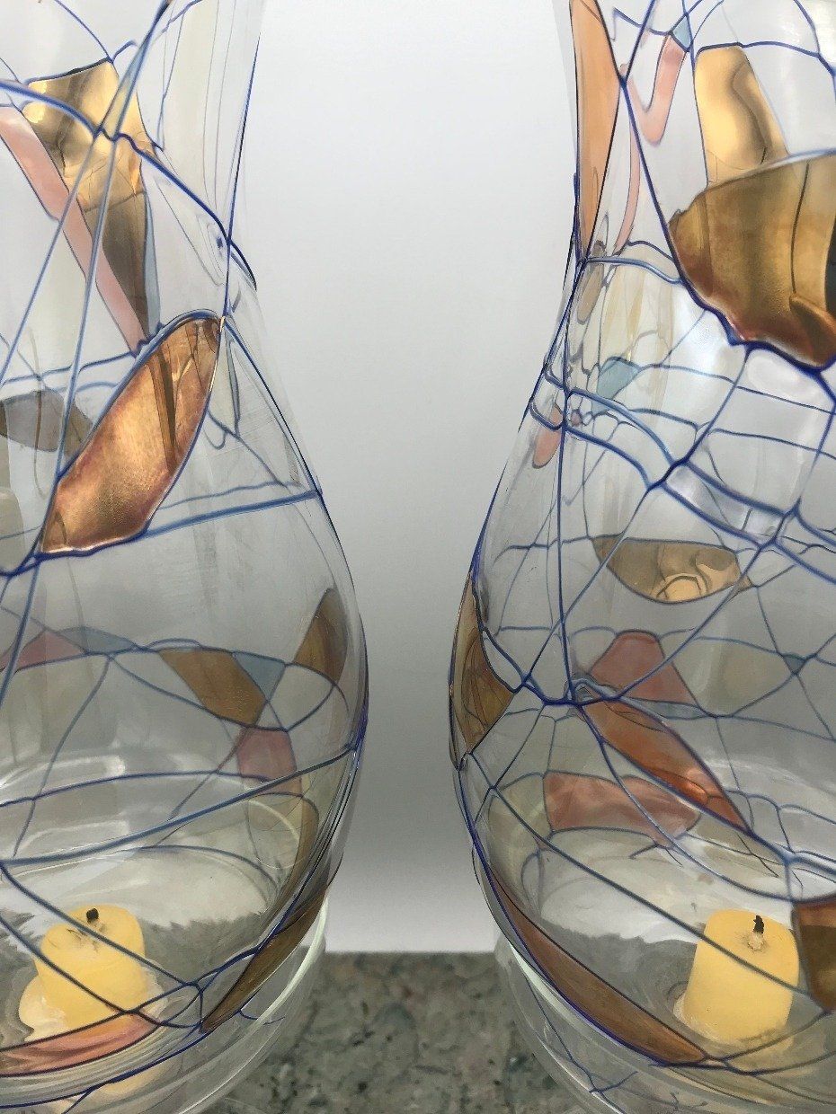 Pair Mouth Blown Glass Hurricane Glove Candle Holders 3