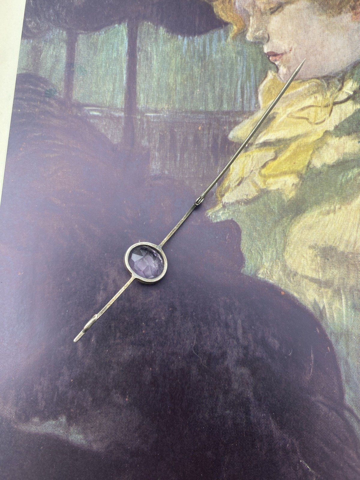 Antique Sterling Silver Bar Pin Brooch w Lavender Vera Cruz Amethyst Oval Center 7