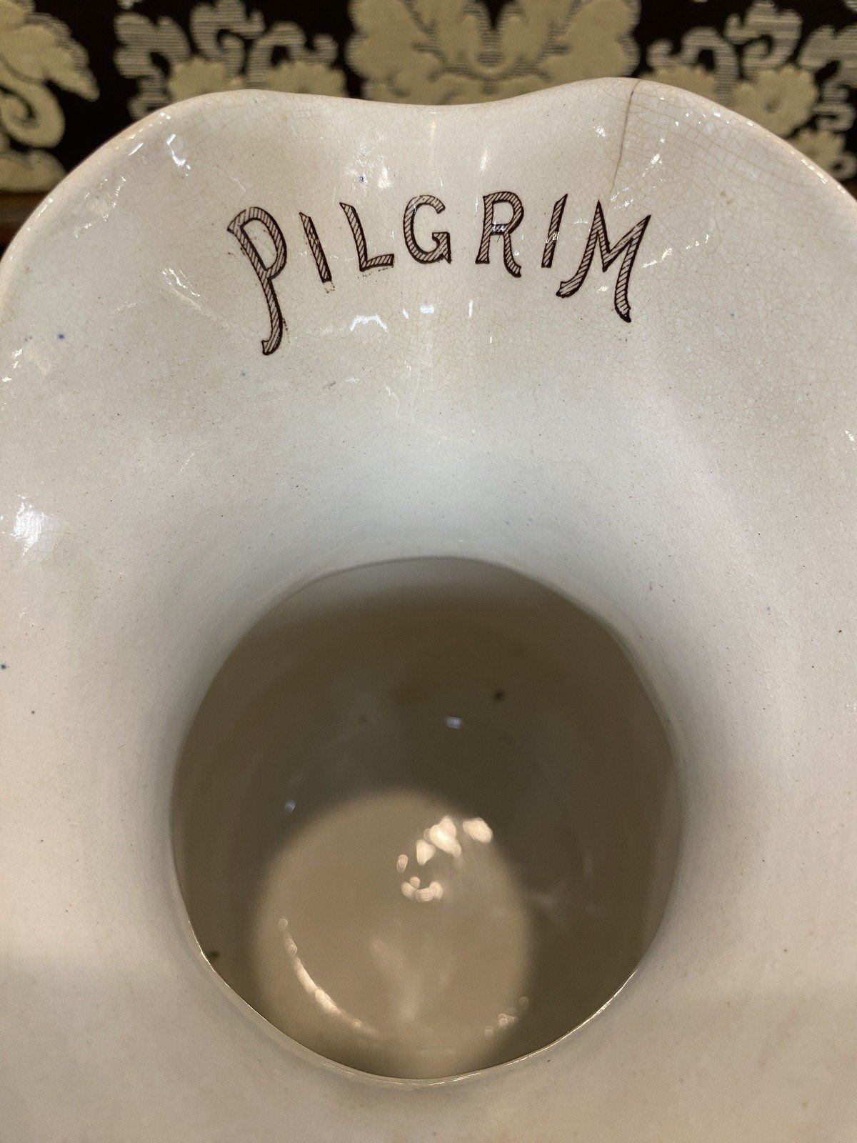 Antique c.1908 Ceramic Hand Painted Mayflower Pilgrimage Finely Detailed Buffalo Pottery Crock Milk Pitcher 12