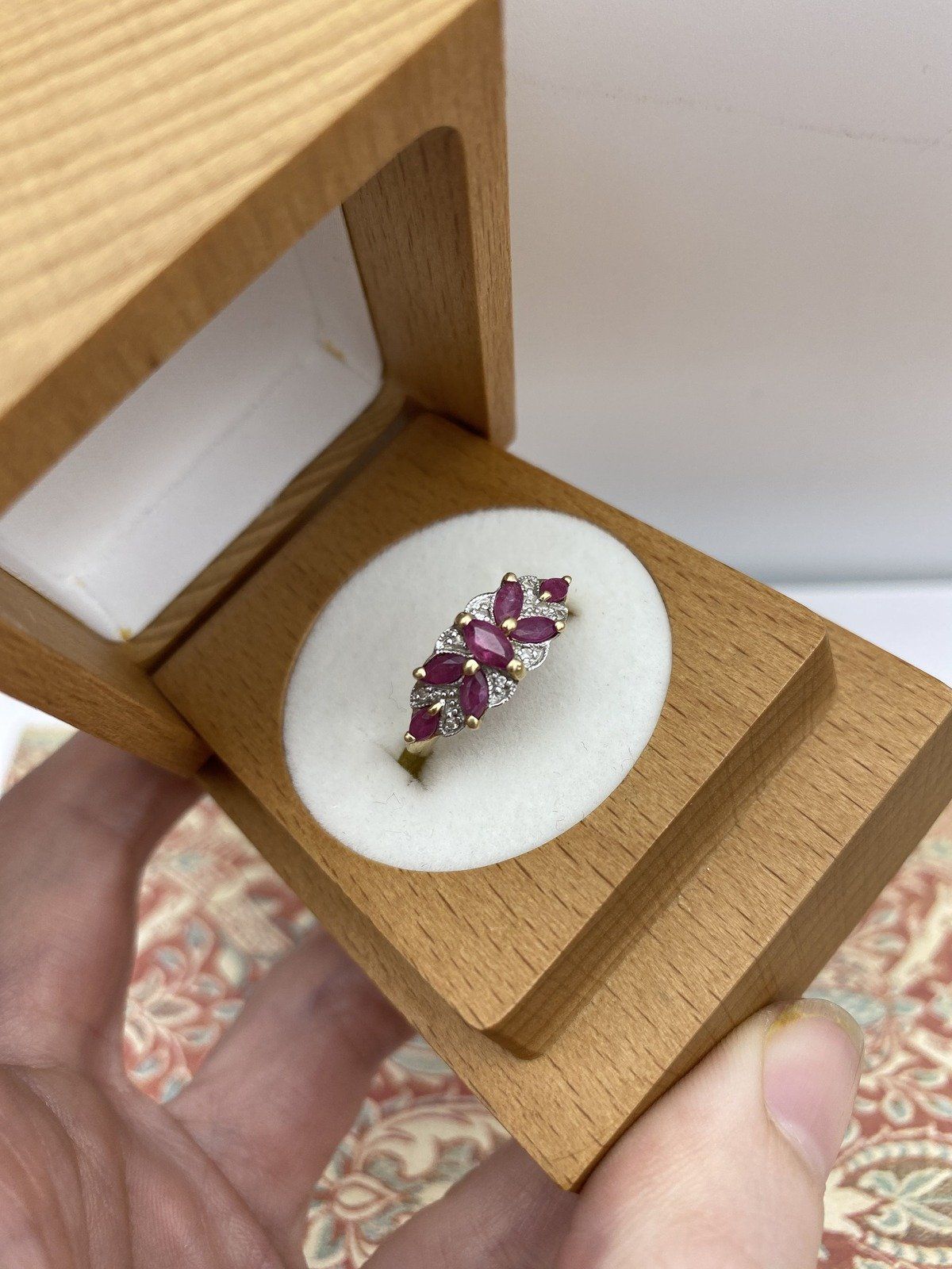 10k Gold Marquise Cut Natural Ruby Almonde Ring w Butterfly Arranged Gems 3