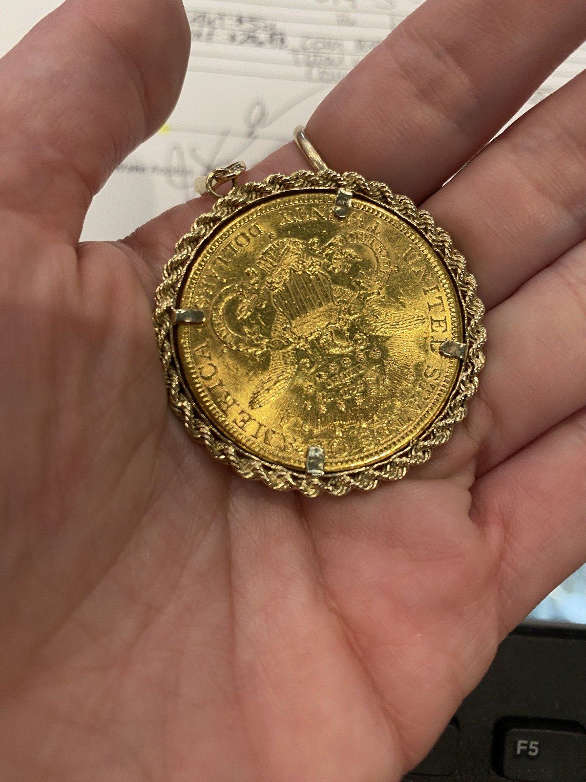 1894 $20 Liberty Head Gold Coin Pendant in 14K Rope Bezel 6