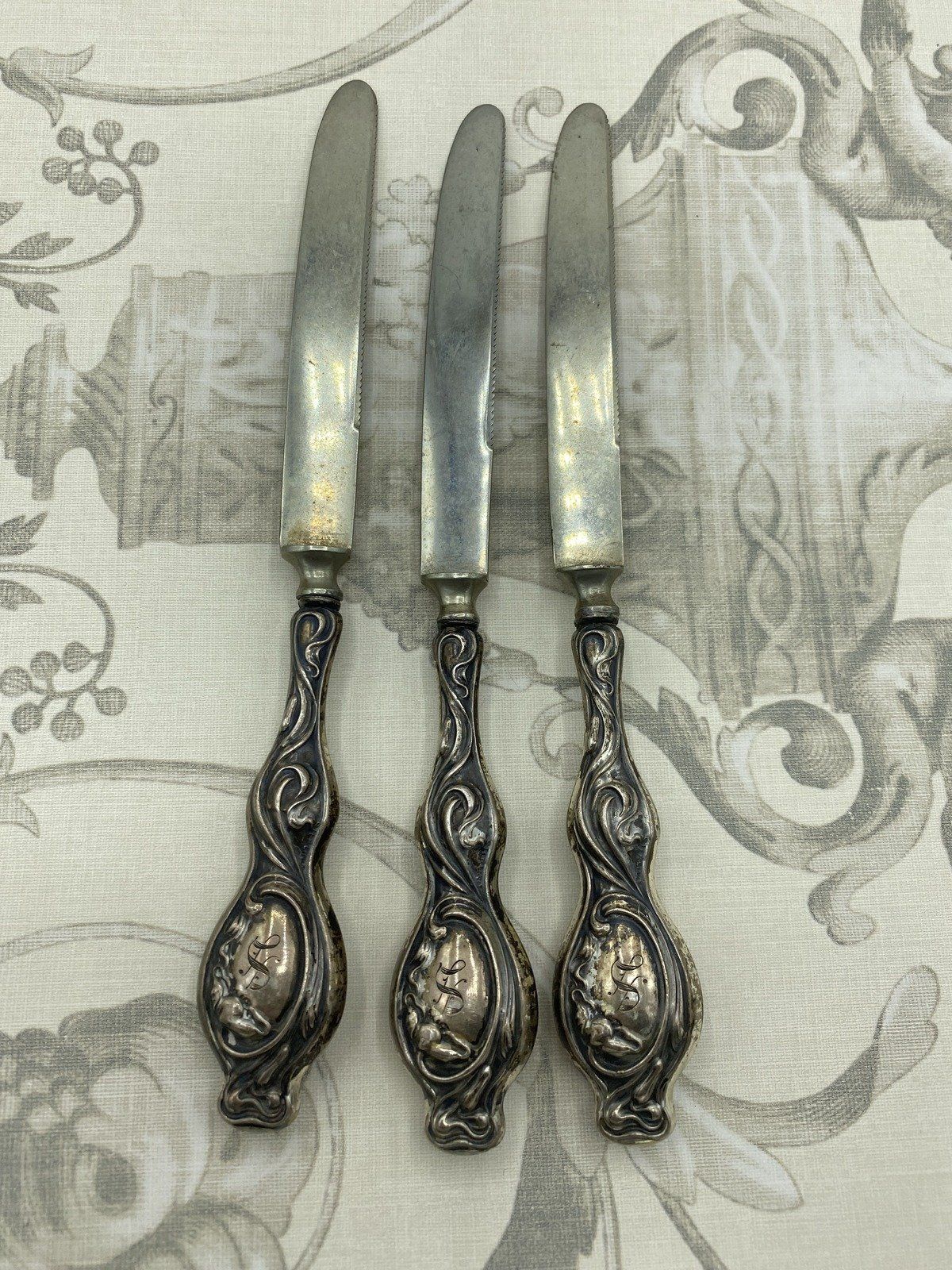 Set of 3 Antique Art Nouveau Sterling Silver Citrus Knives