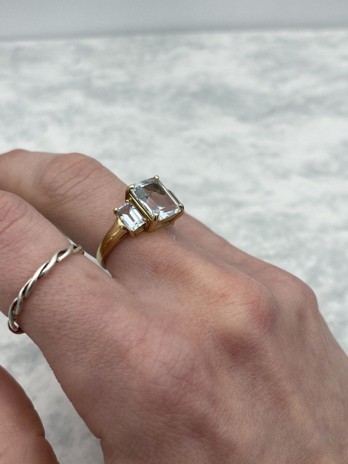 10k Gold Emerald Cut Aquamarine Trio Dress Ring 5