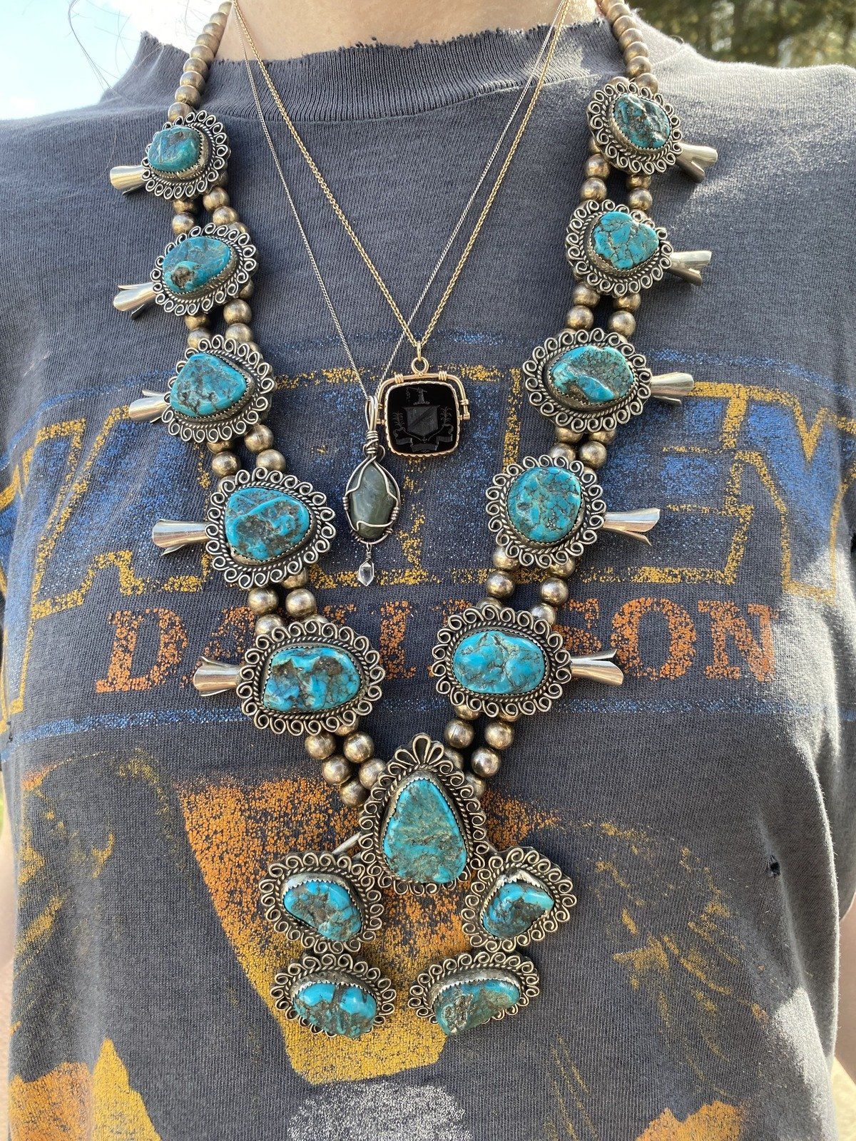 Vintage c.1970s Unsigned Navajo Native American Turquoise Squash Blossom Necklace 14