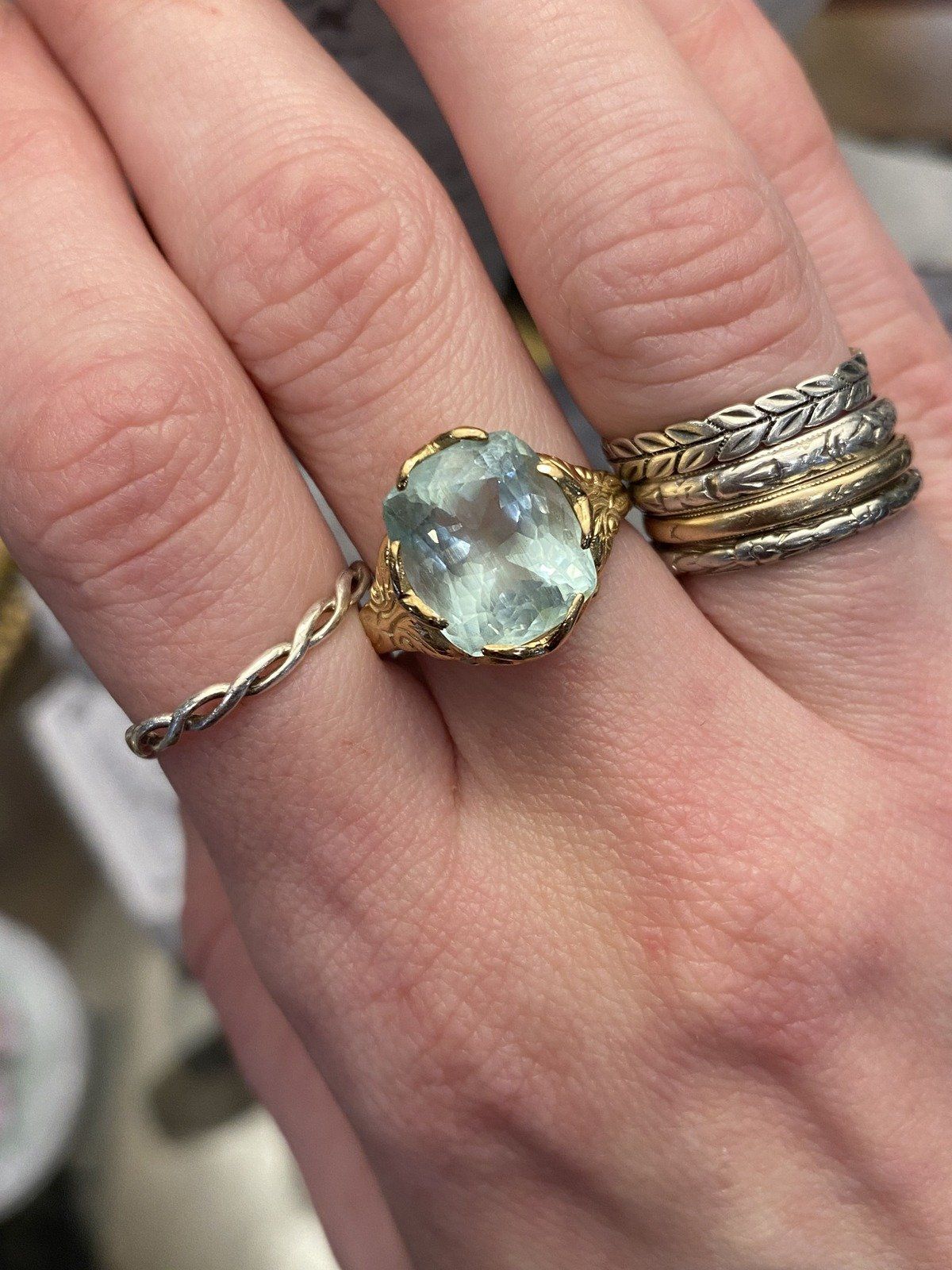 Antique Victorian 14k Gold High Quality Natural Cushion Cut Aquamarine Dress Ring w Carved Shoulder Motif + Lovely Prong Design 5