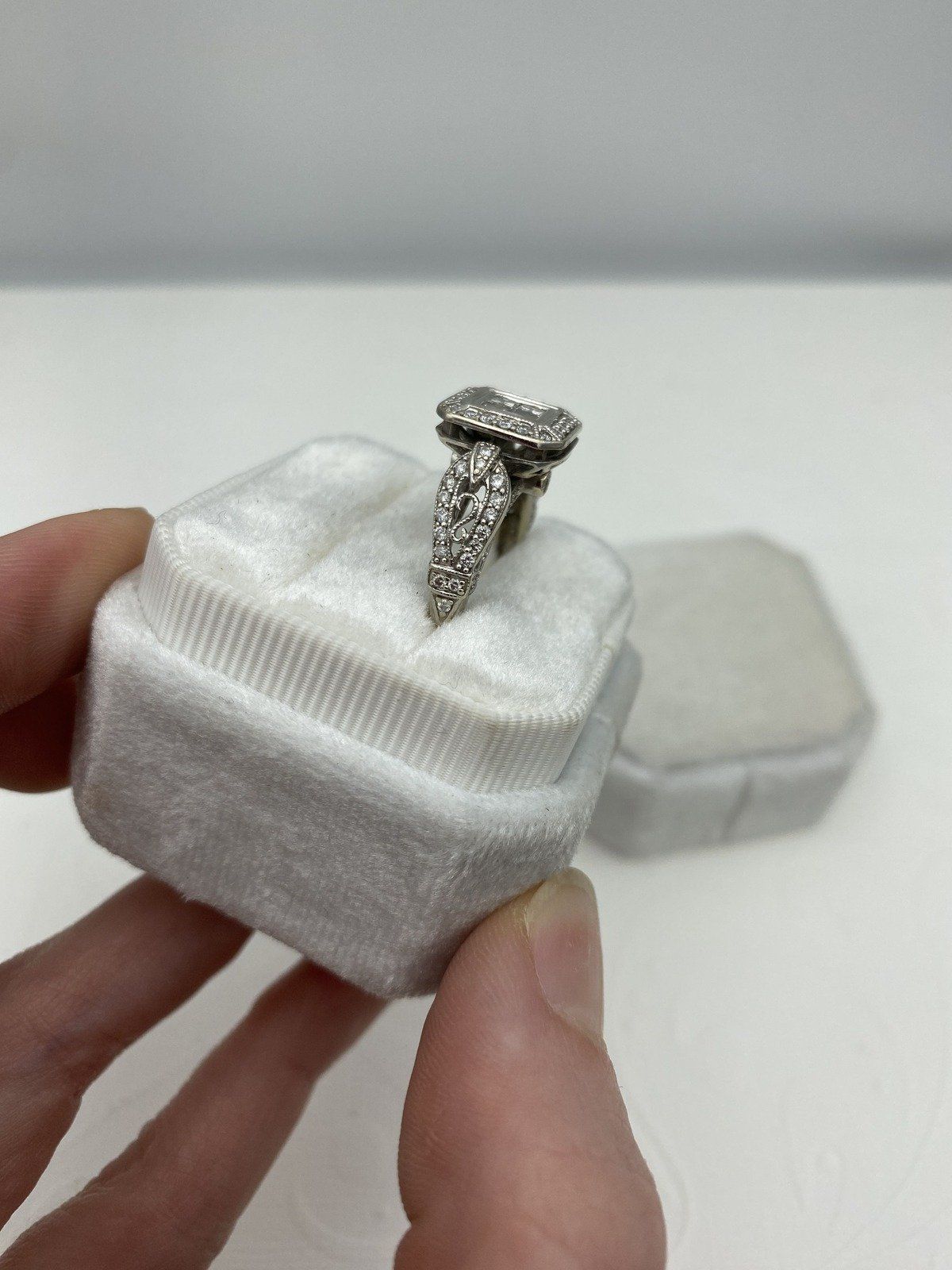14k White Gold 1.99ctw Diamond Bezel Cluster Engagement Ring w Filigree + Shank Details + GIA 3