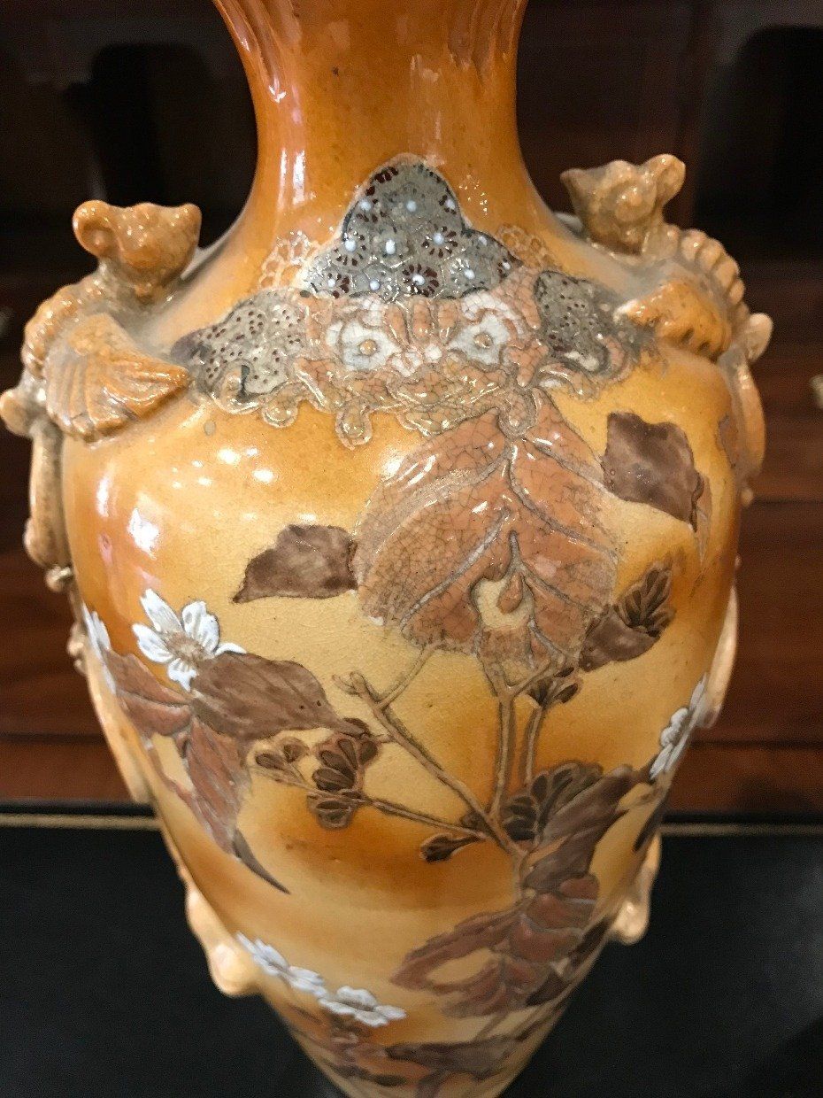 Antique Pair of Oriental Ceramic Phoenix Cherry Blossom Vases 5
