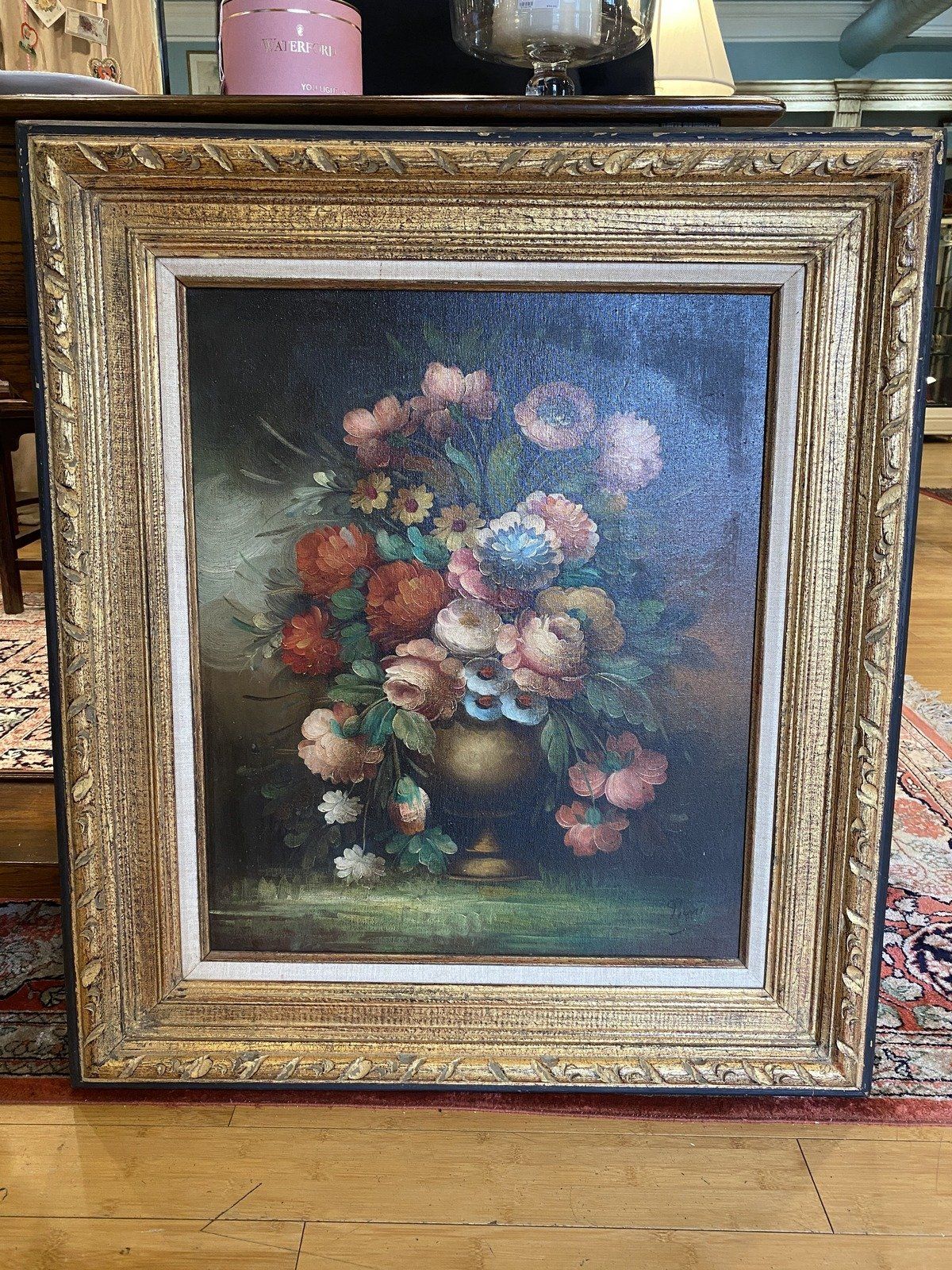 Large Signed Original Floral Still Life Oil Painting in Molded Gilt Wood Frame 34x29