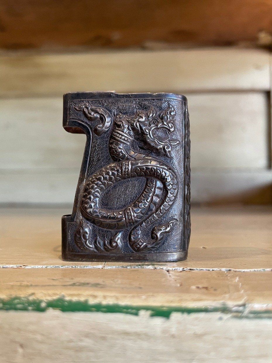 Antique 950 Sterling Silver Chinese (Maybe Thai) Dragon + Elephant Lighter/Match Box Cover