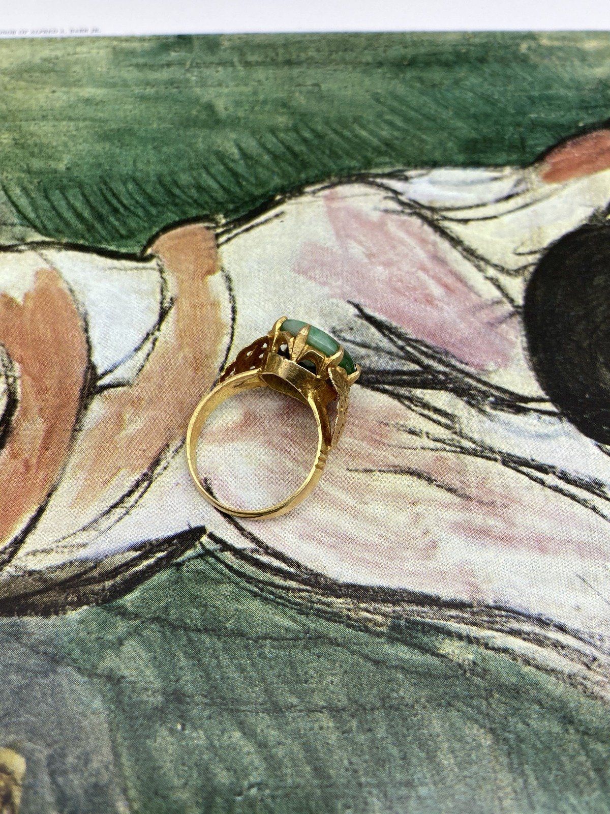 Antique 22k Gold Natural Jade Ring w Fauna Shoulders #2804 7