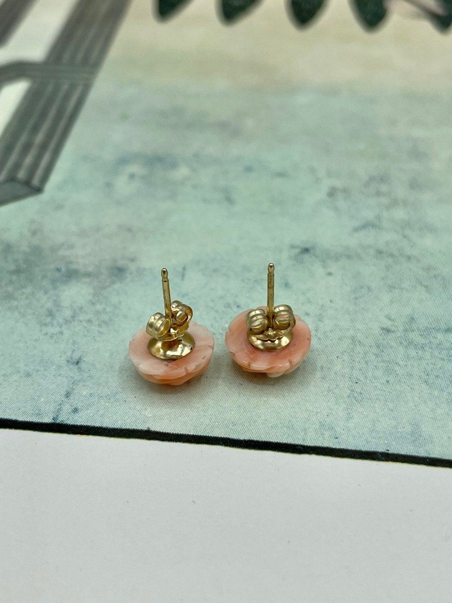 Antique Carved Rose Angel Skin Coral Stud Earrings w 14k Gold Post Backs 3