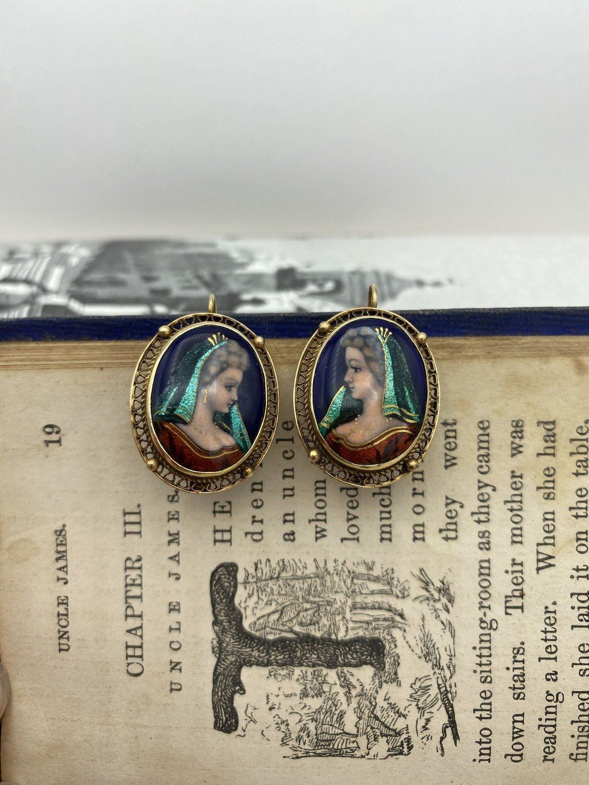French Antique 14k Enameled Miniature Portrait Filigree Framed Drop Earrings 2