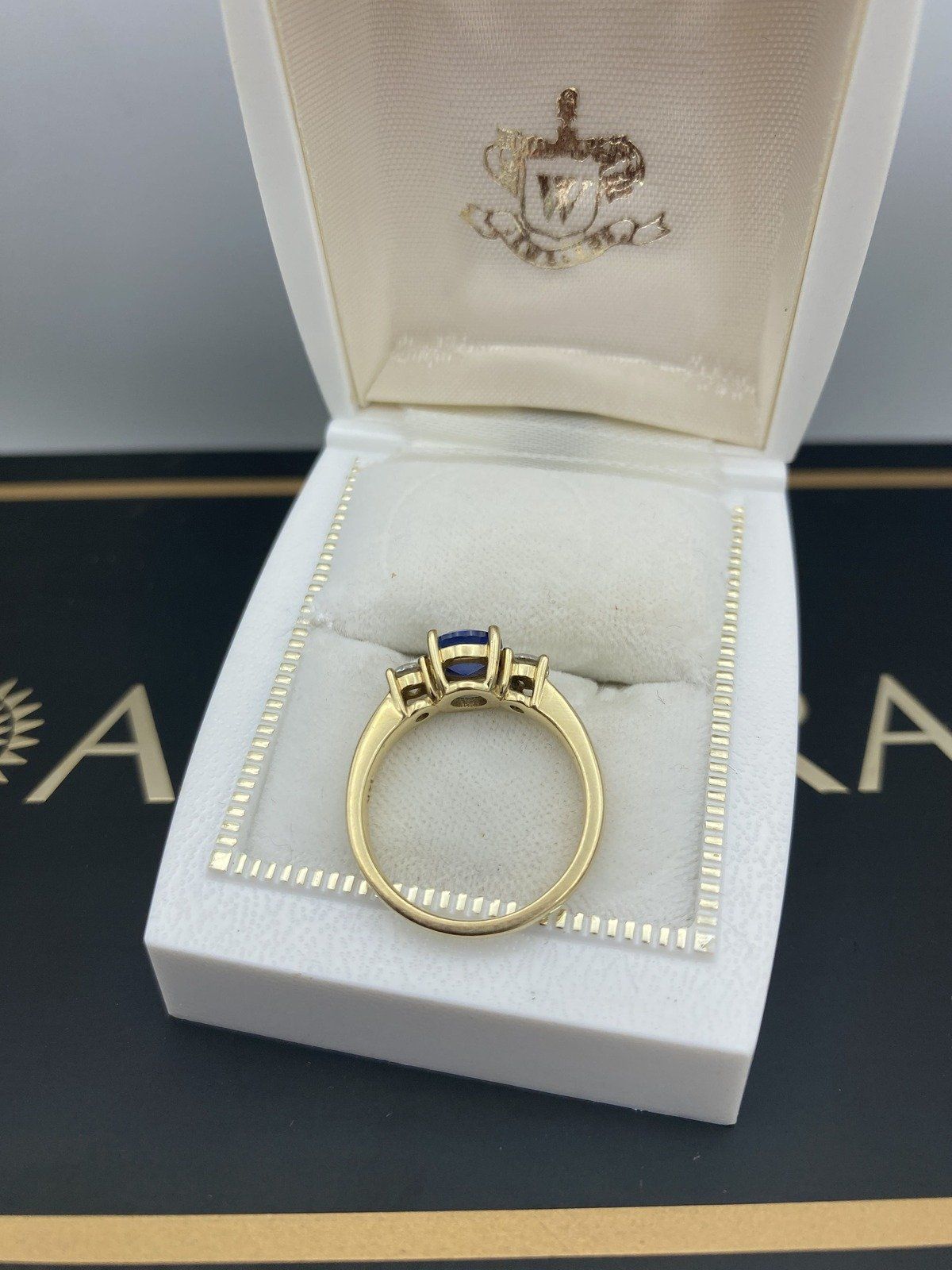 Angara 14k Gold 1ct Sapphire + .32ct Diamond Trio Stone Ladies Ring w GIA + Display Box 9
