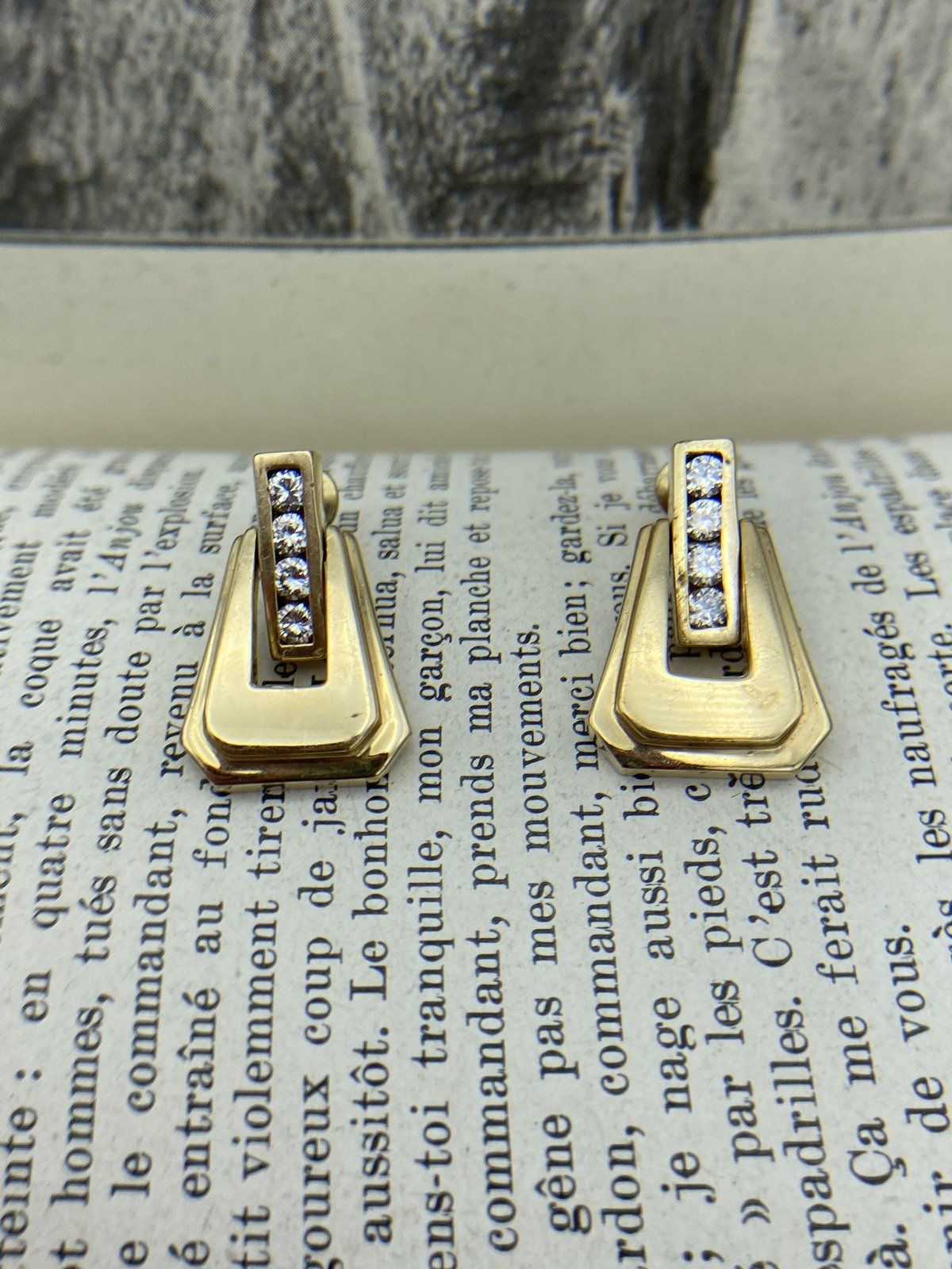 14k Gold Channel Set Diamond Buckle Drop Earrings 7