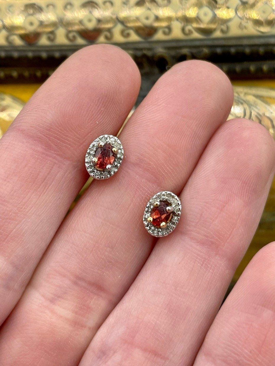 10k Gold Dainty Oval Garnet + Diamond Stud Earrings 2