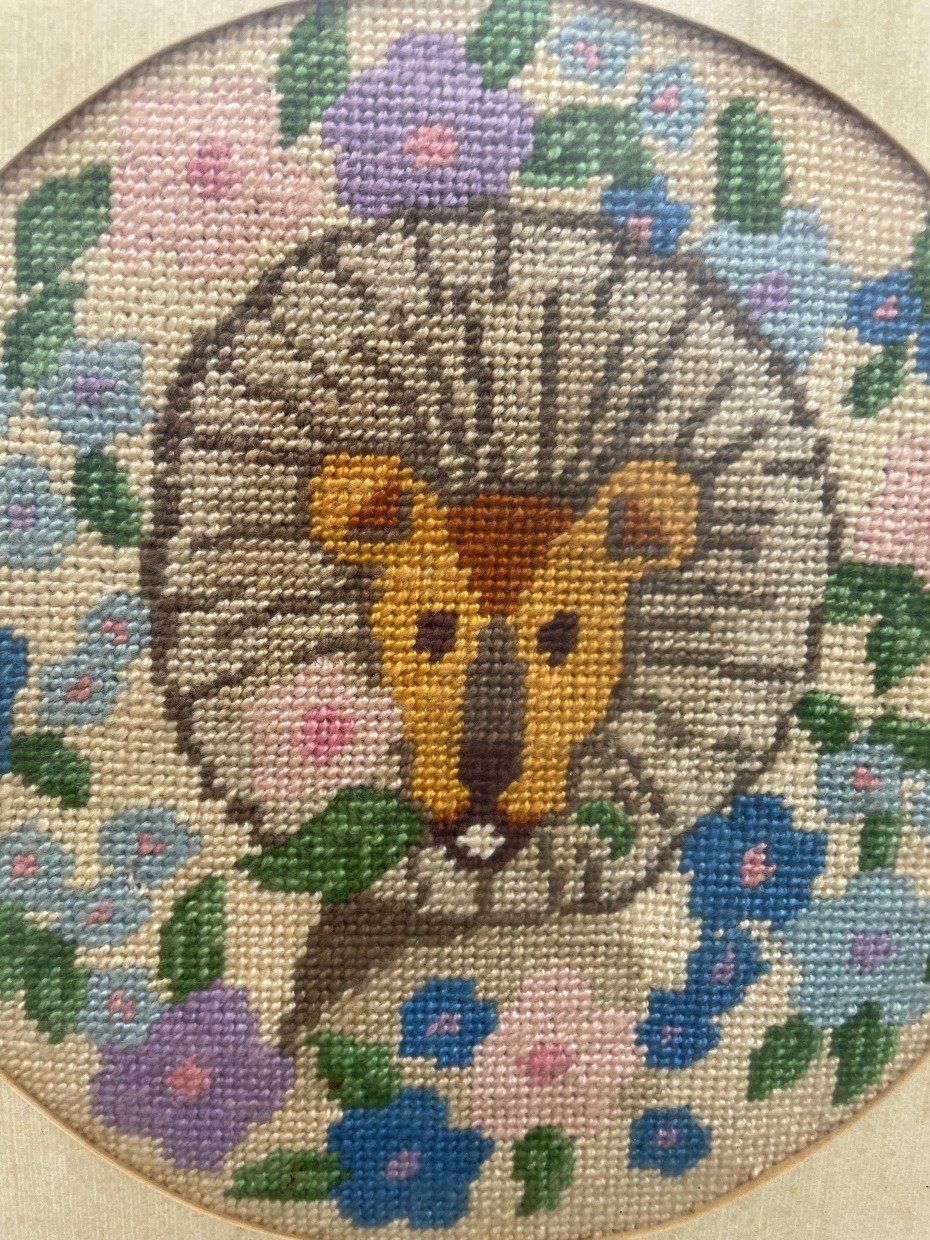 Bamboo Node Framed Needlework of Lion + Flowers 9X9 2