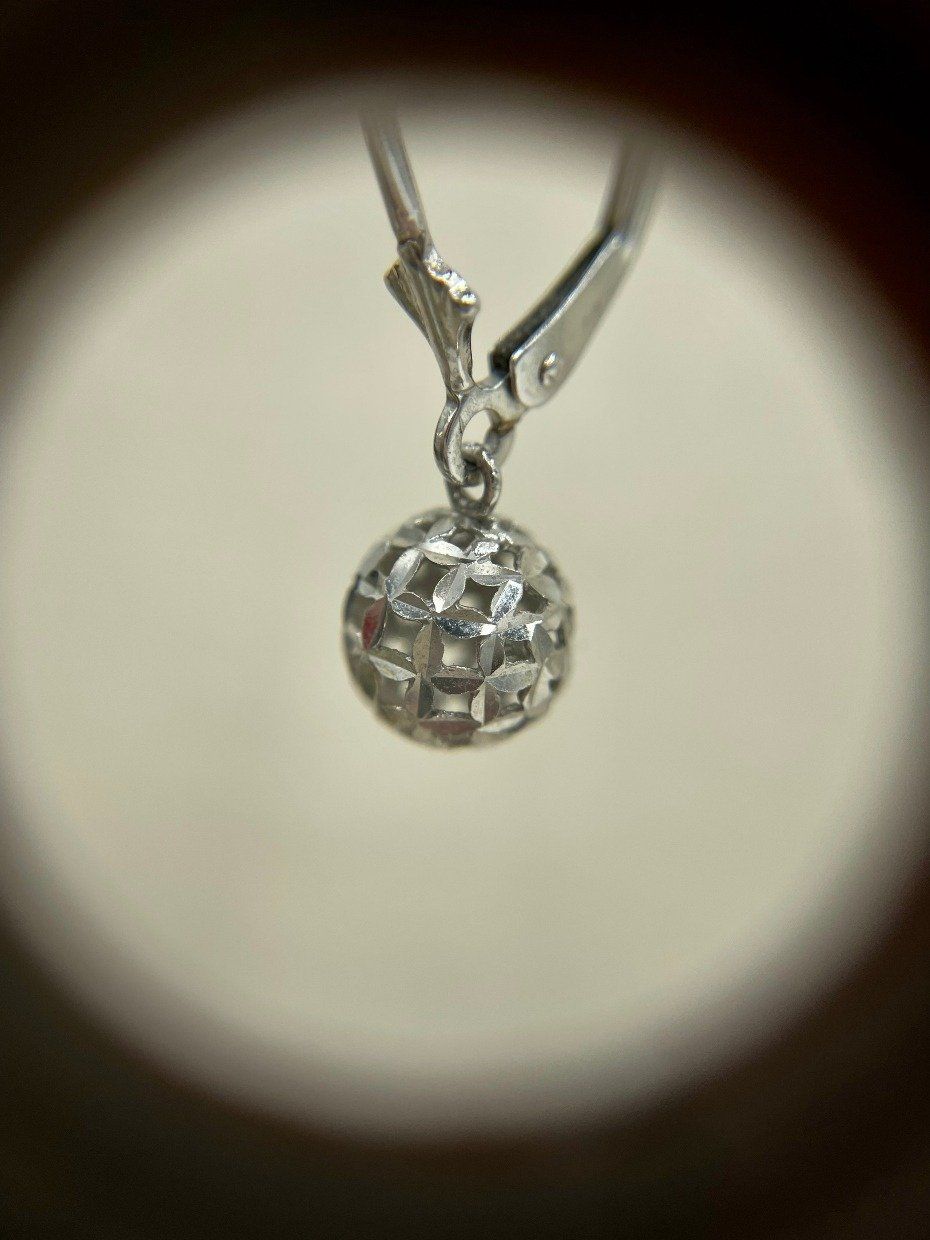 14k White Gold Flower of Life Sphere French Clip Drop Earrings 2