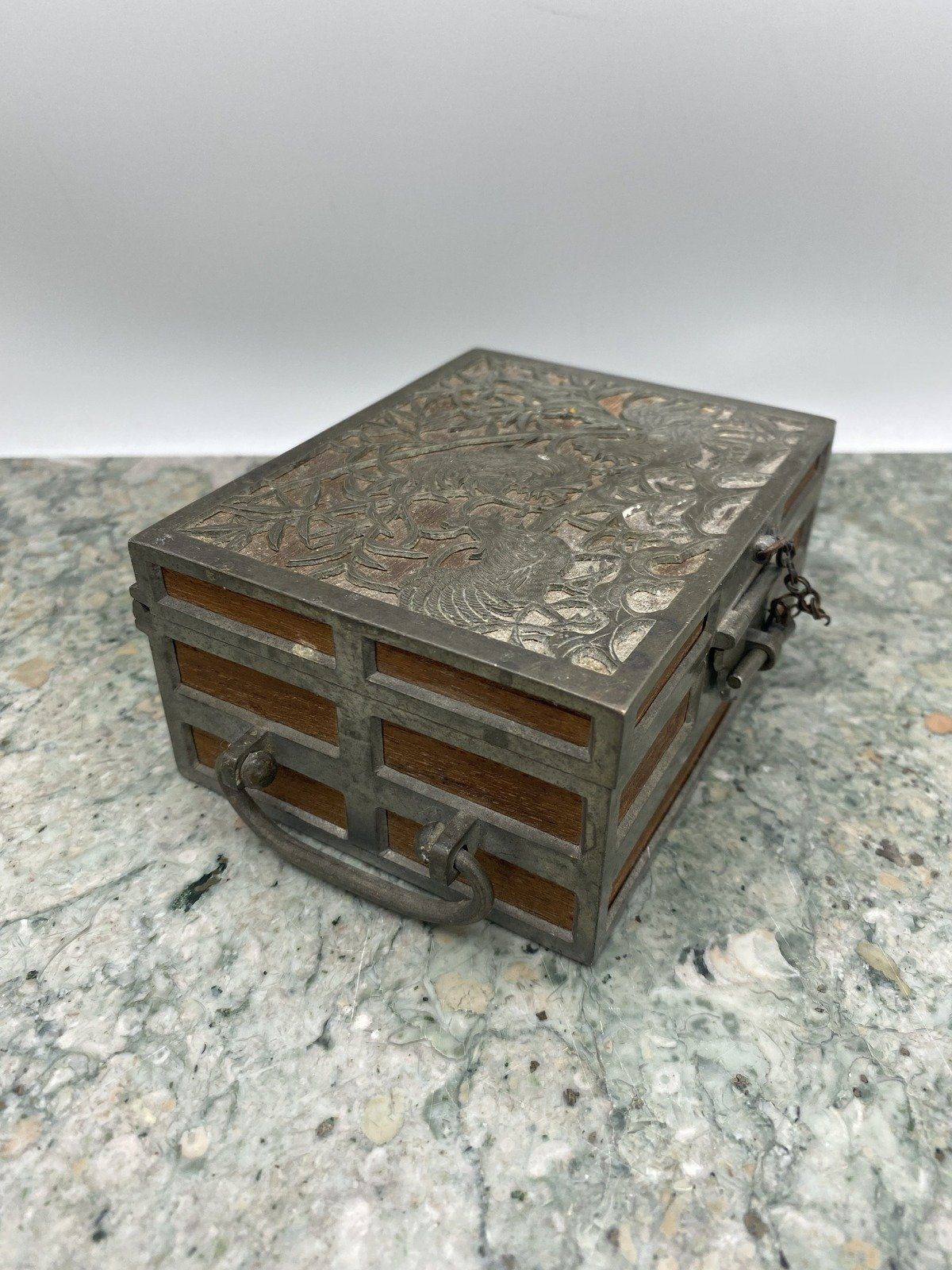 Antique Chinese Pewter + Wood Rooster Motif Trinket Box 3