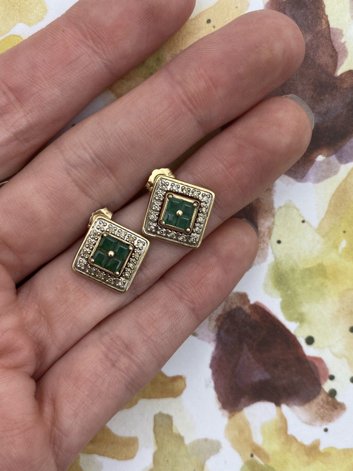 Squared 14k Gold Diamond Framed Princess Cut Emerald Stud Stud Earrings #2934 6