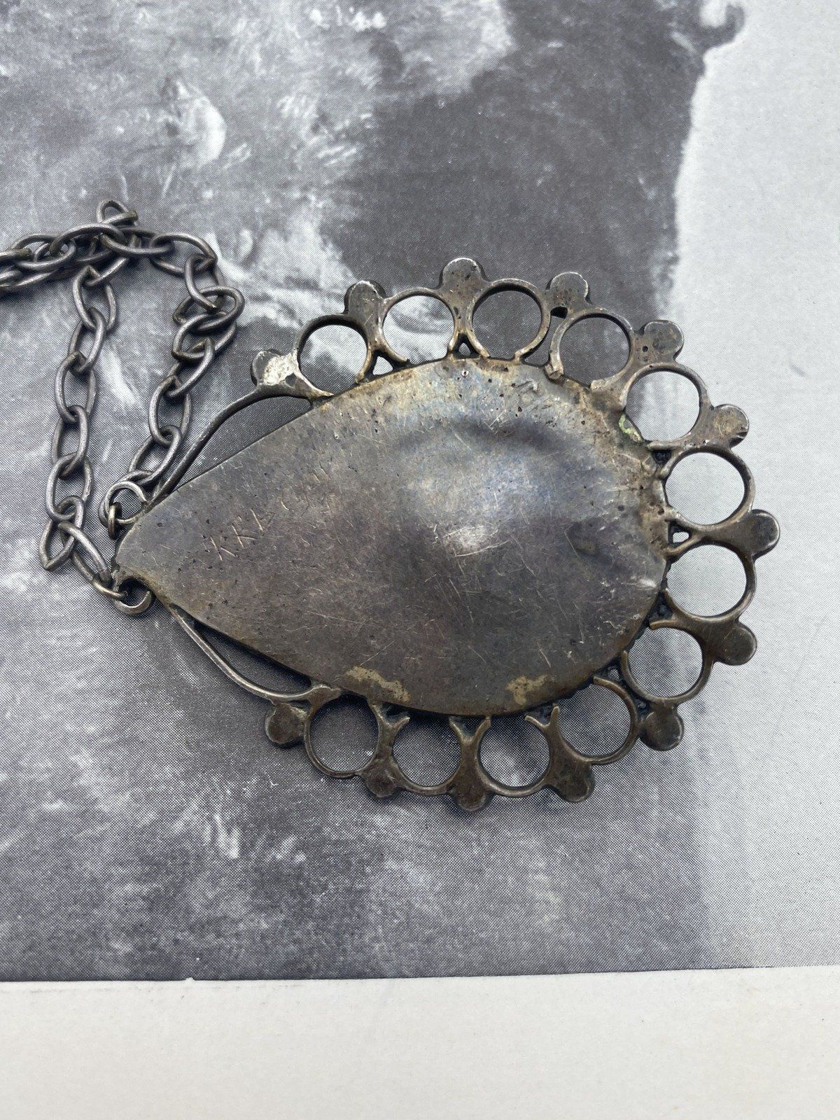 Old Sterling Silver Signed Native American Turquoise Grommet Lace Necklace 2