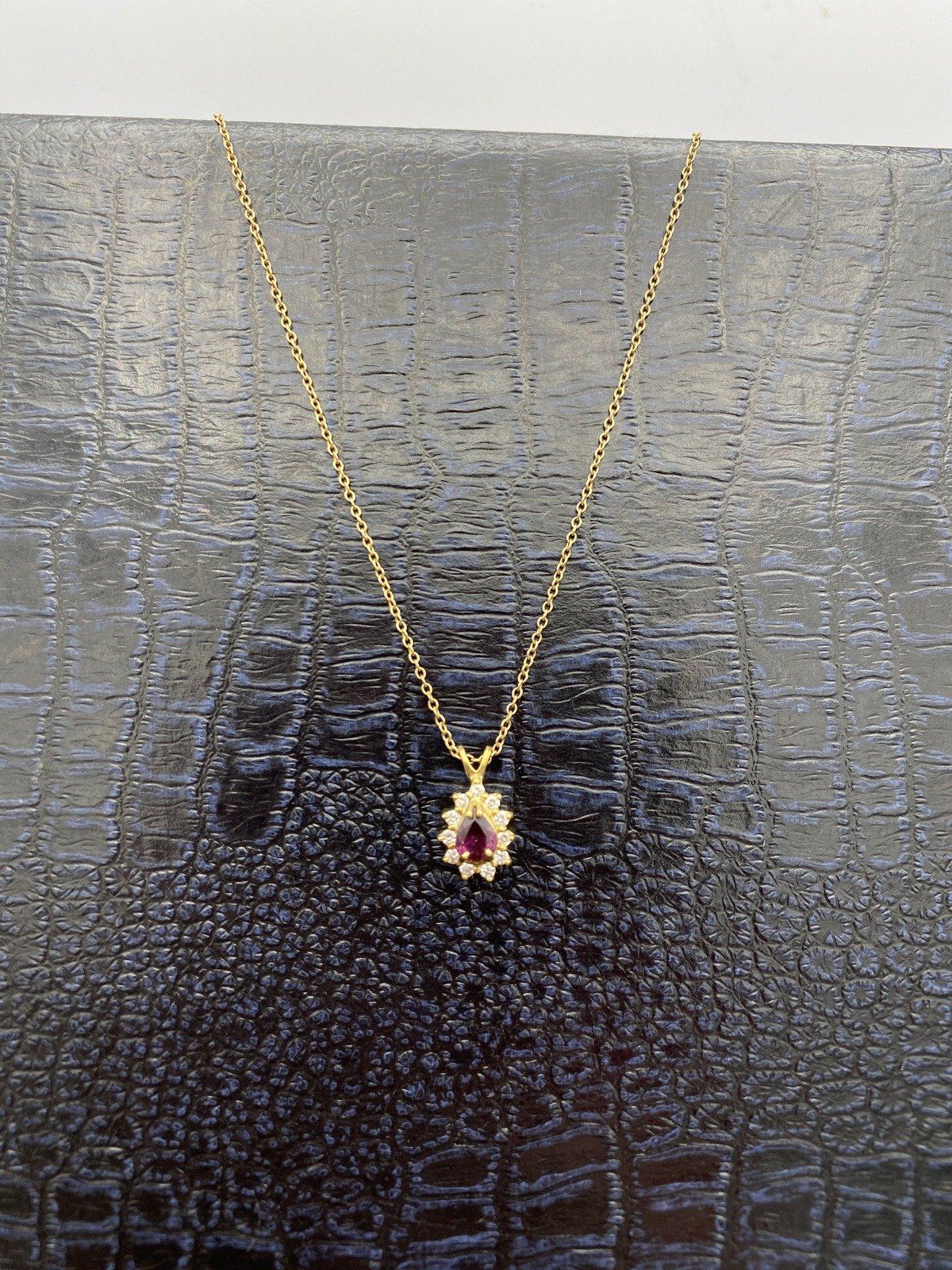 14k Gold Rhodalite Garnet + Diamond Pear 16L Drop Necklace 2