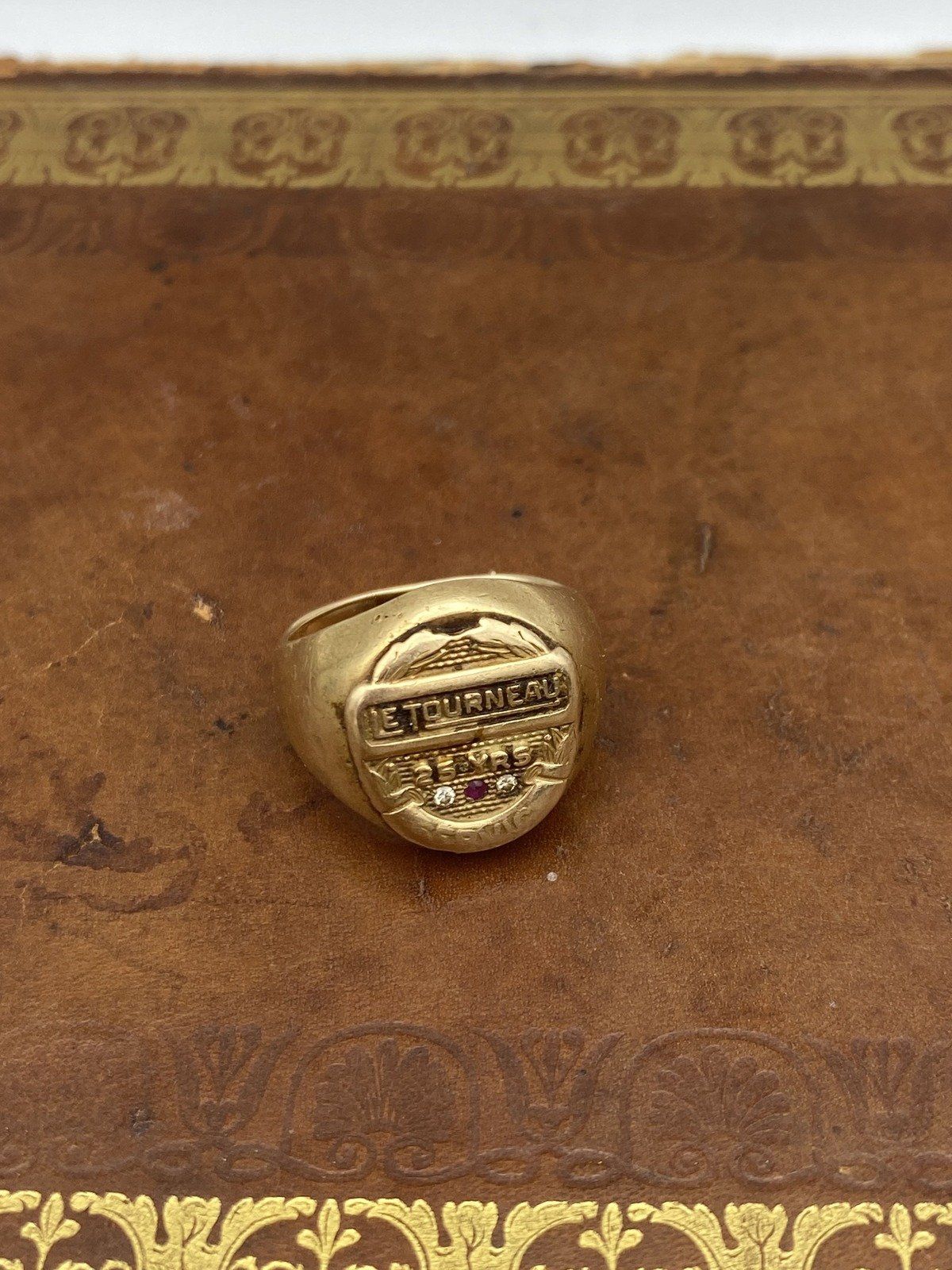 Antique 14k Gold Le Tourneau 25 Years of Service Weighty Signet Class Ring w Ruby + Diamond Accents 5