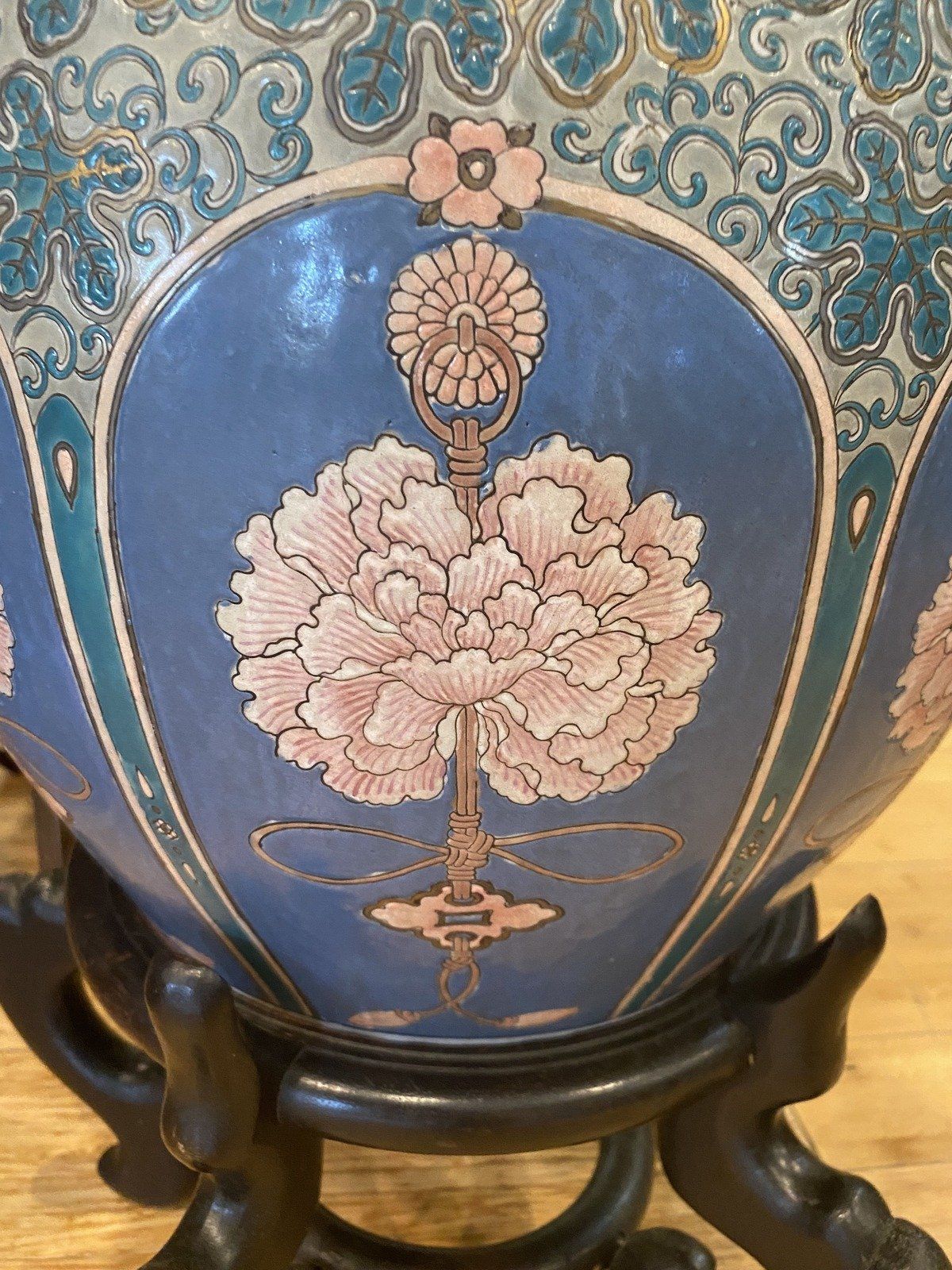 Lovely Blue Koi Interior Porcelain Fish Bowl Planter w Stand 2