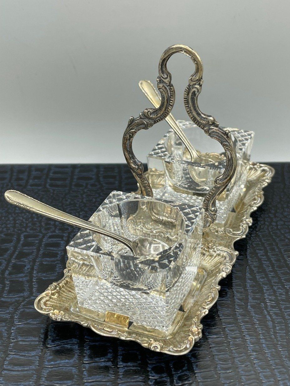 Vintage German .800 Silver Salt Server w Cubic Crystal Inserts + Pair of .925 Demi Spoons 2