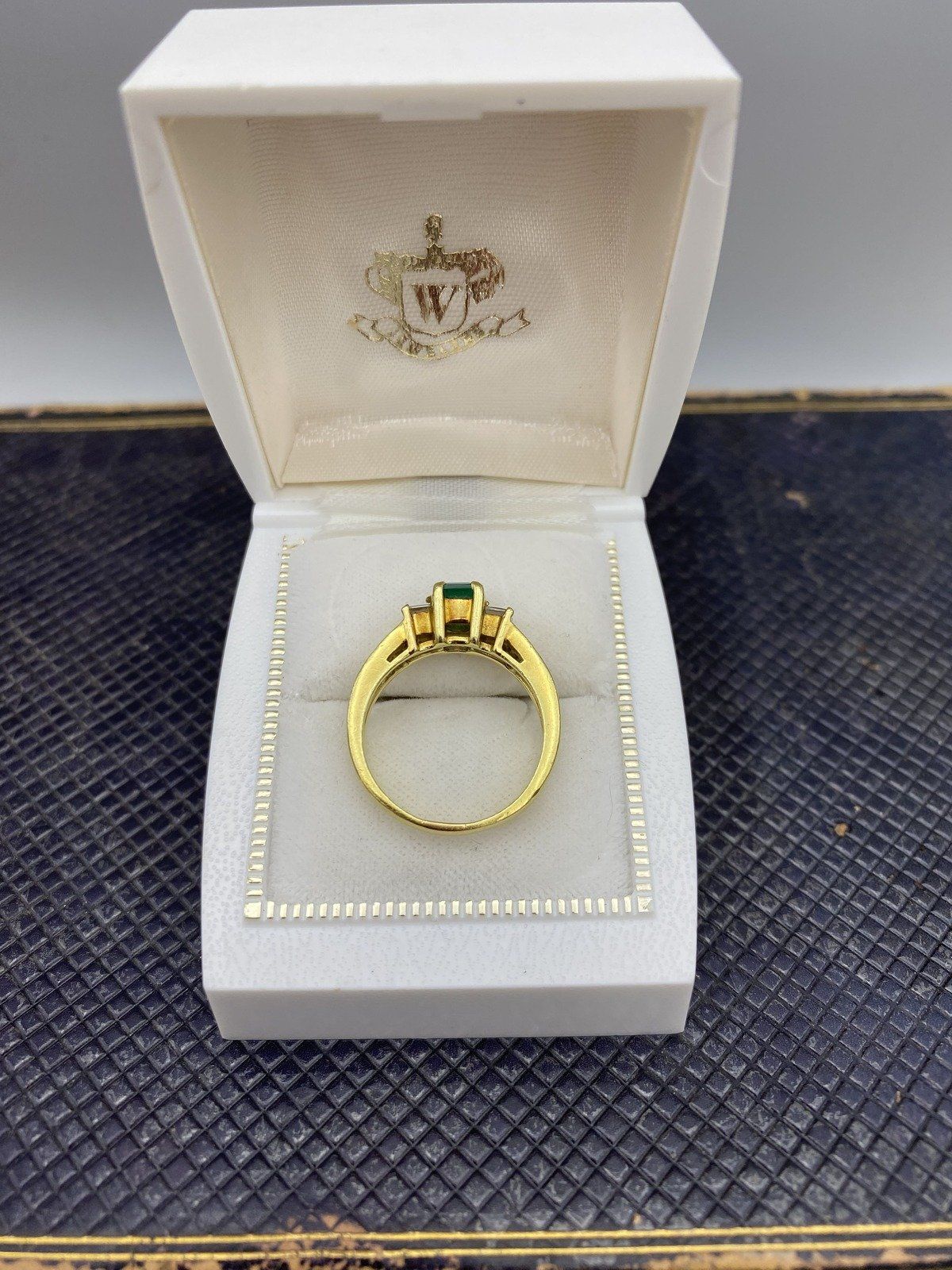 Lovely 18k Gold Vintage Asscher Cut Emerald + Princess Cut Diamond Shoulder Dress Ring 3