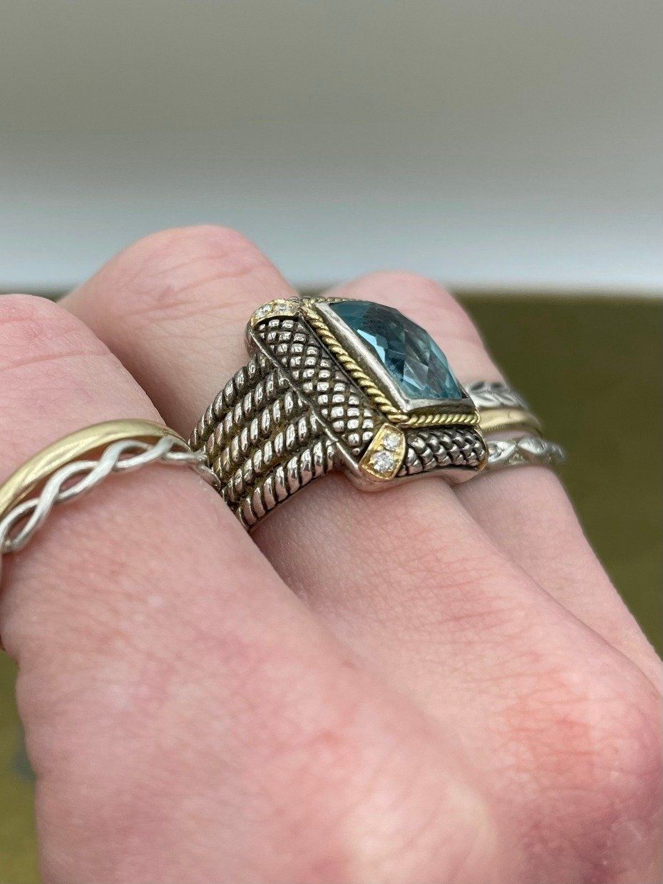 Lg Yurman *Style* Designer Sterling Silver + 18k Blue Topaz Ring w Diamond Accents 7