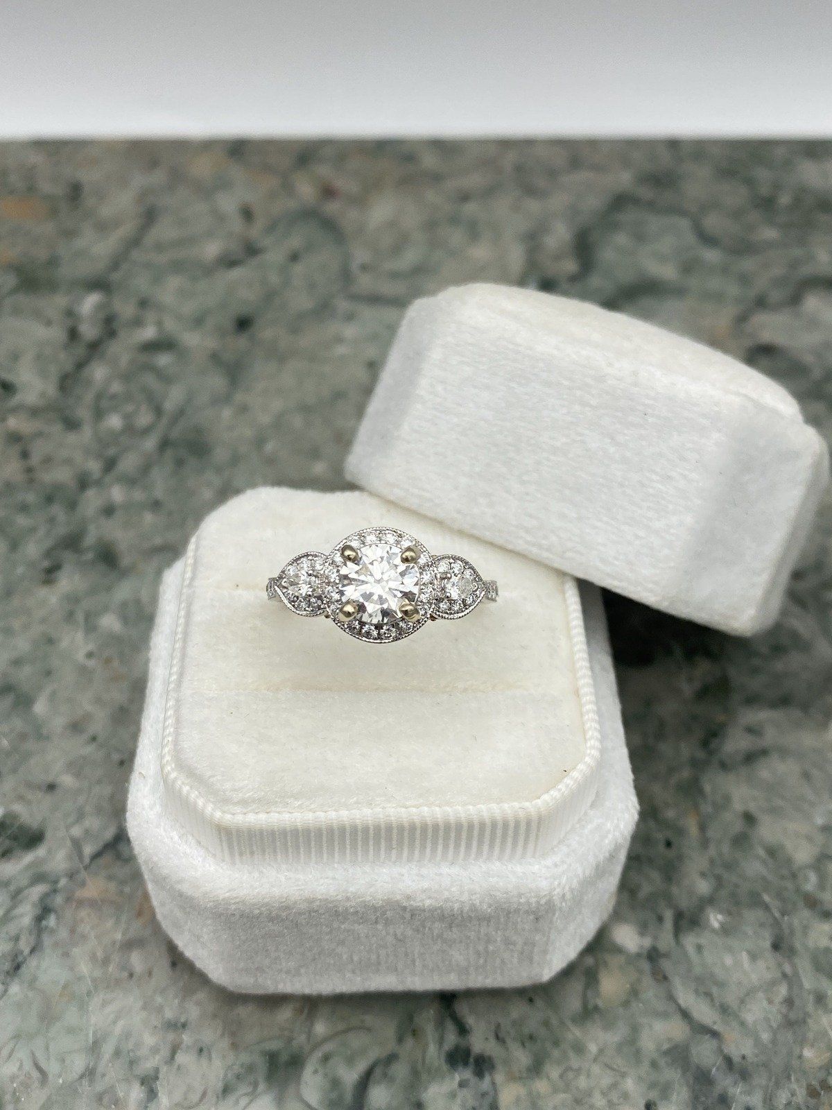 Ladies 1.01ct Center Round Brilliant Diamond Engagement Ring w Pear Should Diamonds + Rose Gold Ornament + GIA Documentation 2