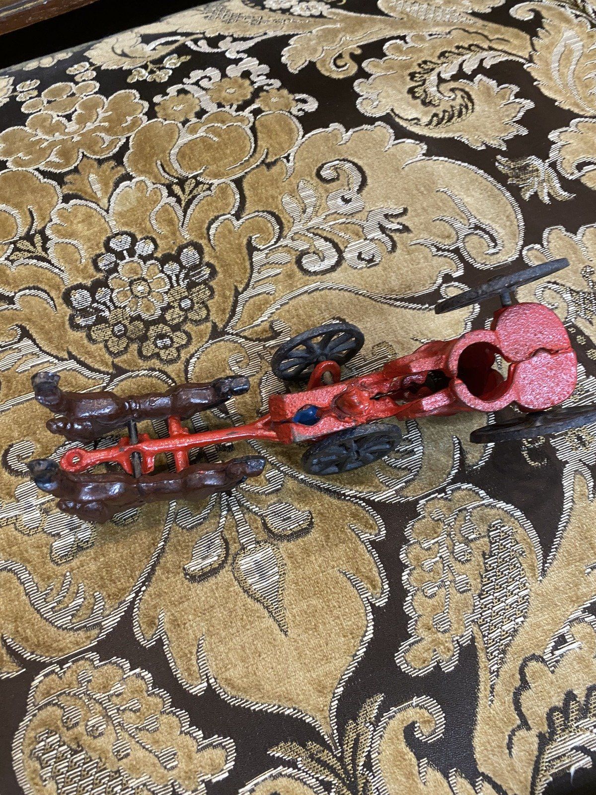 Miniature Cast Iron Vintage Fire Fighter Horse Drawn Toy 8