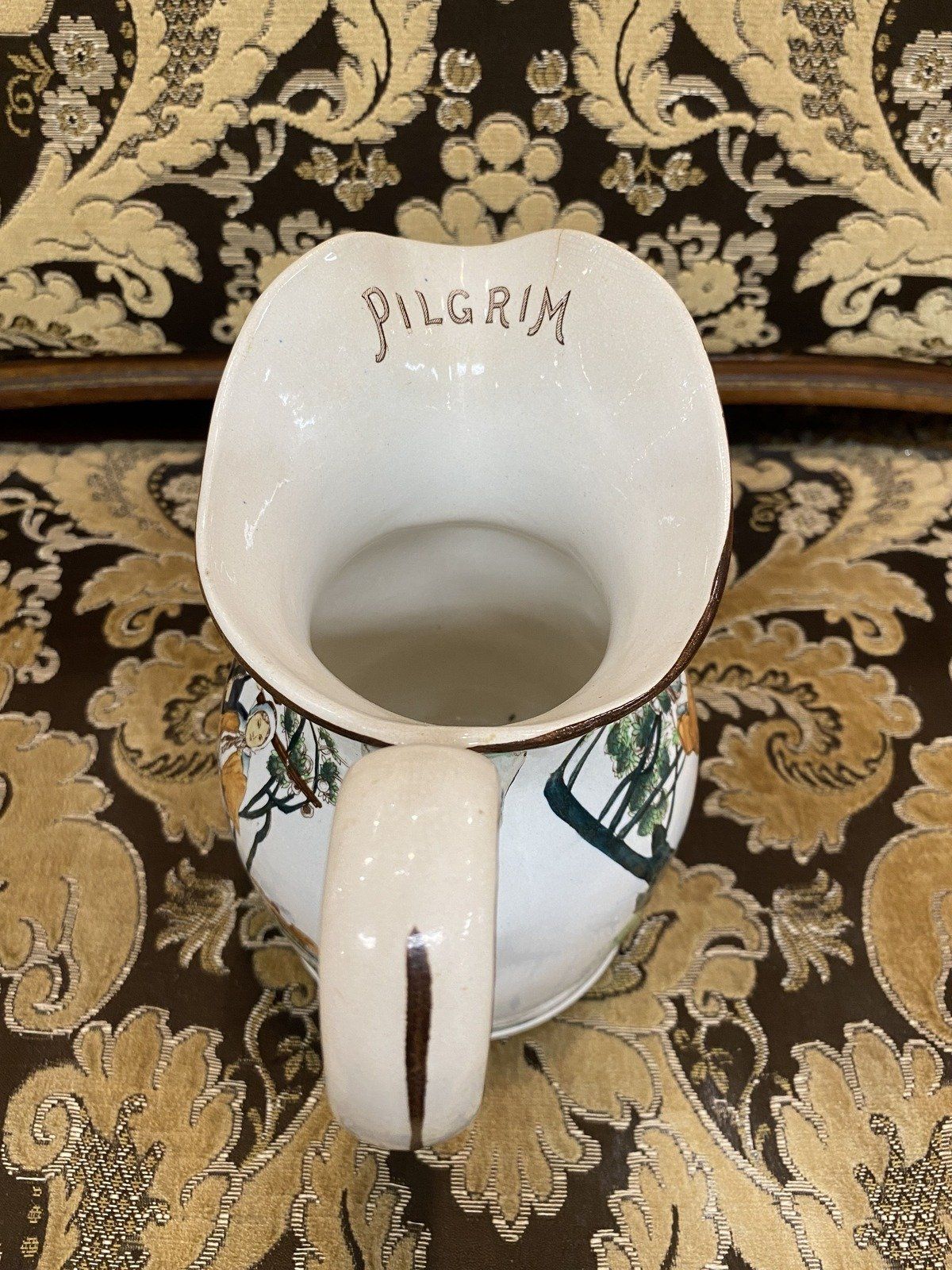 Antique c.1908 Ceramic Hand Painted Mayflower Pilgrimage Finely Detailed Buffalo Pottery Crock Milk Pitcher 2