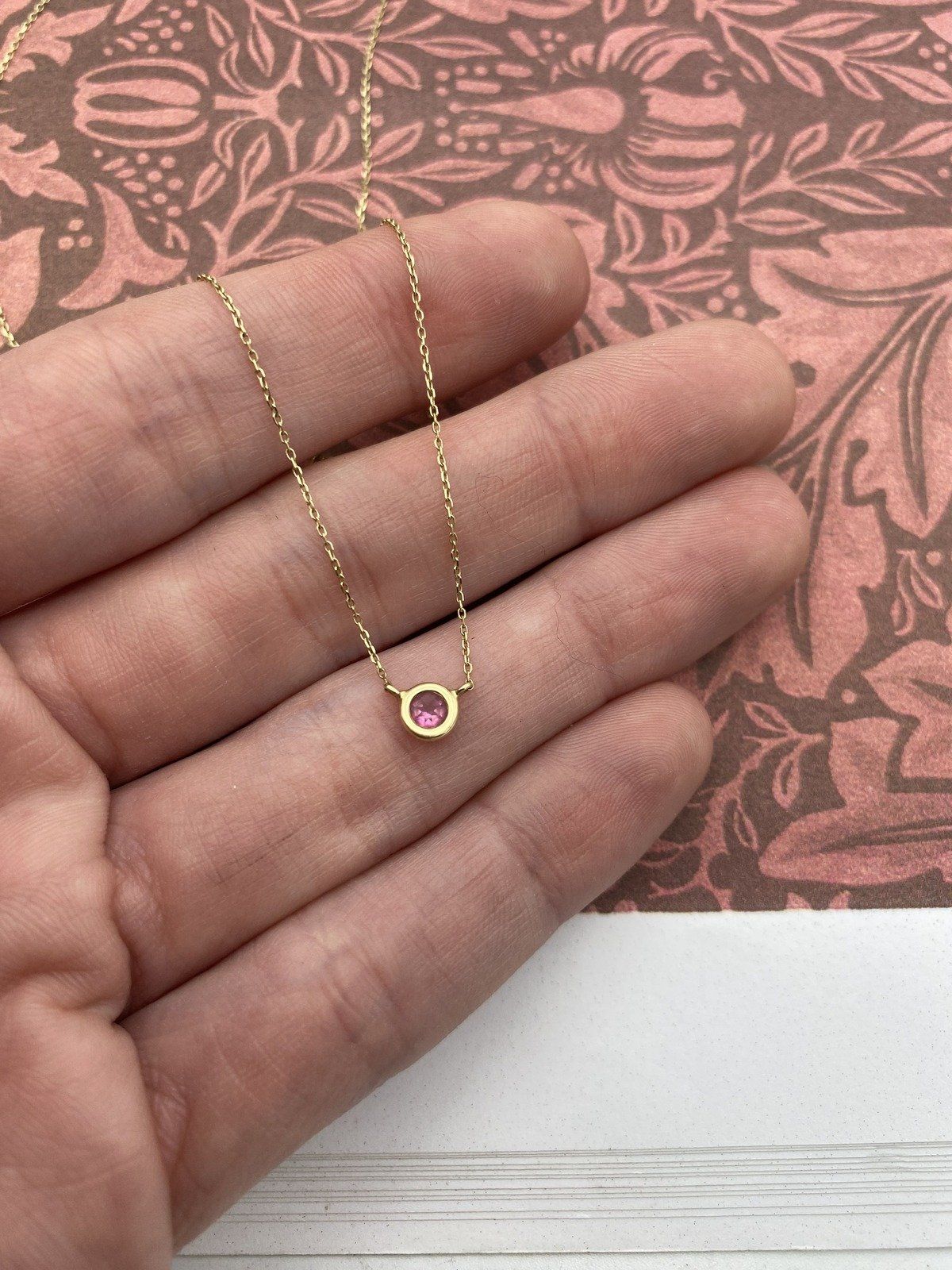 Dainty 14k Gold Bezel Set Pink Tourmaline 15-16L Layering Necklace 2