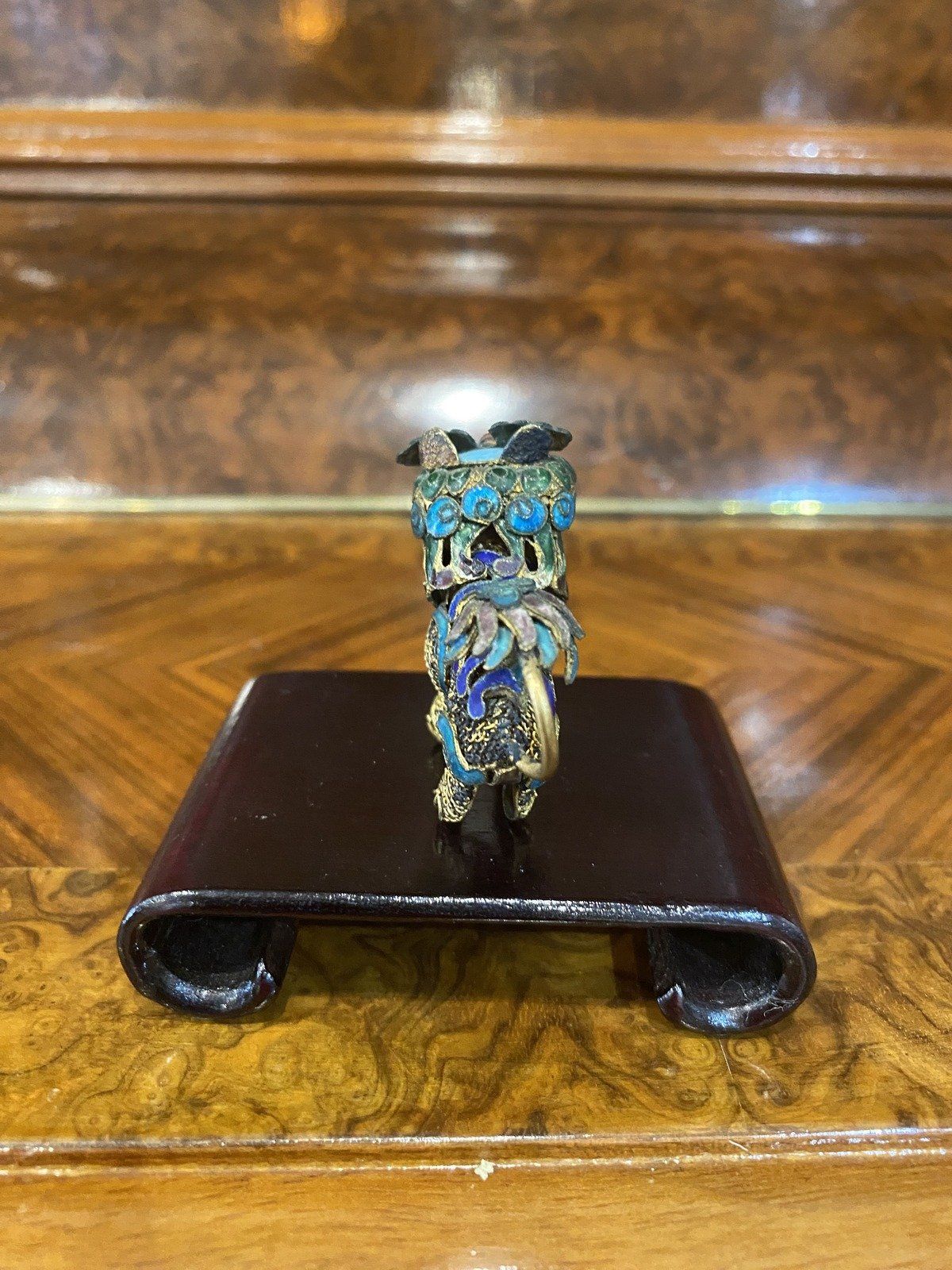 Antique Imported Gilt Enamel Chinese Foo Dog w Wooden Feng Shui Stand + Moving Head 2