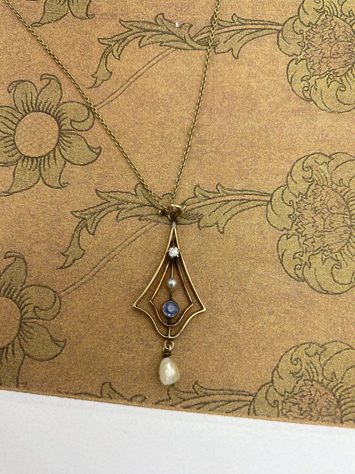 Antique Edwardian 14k Dainty Lavalier Sapphire + Diamond Pearl Drop Necklace 3