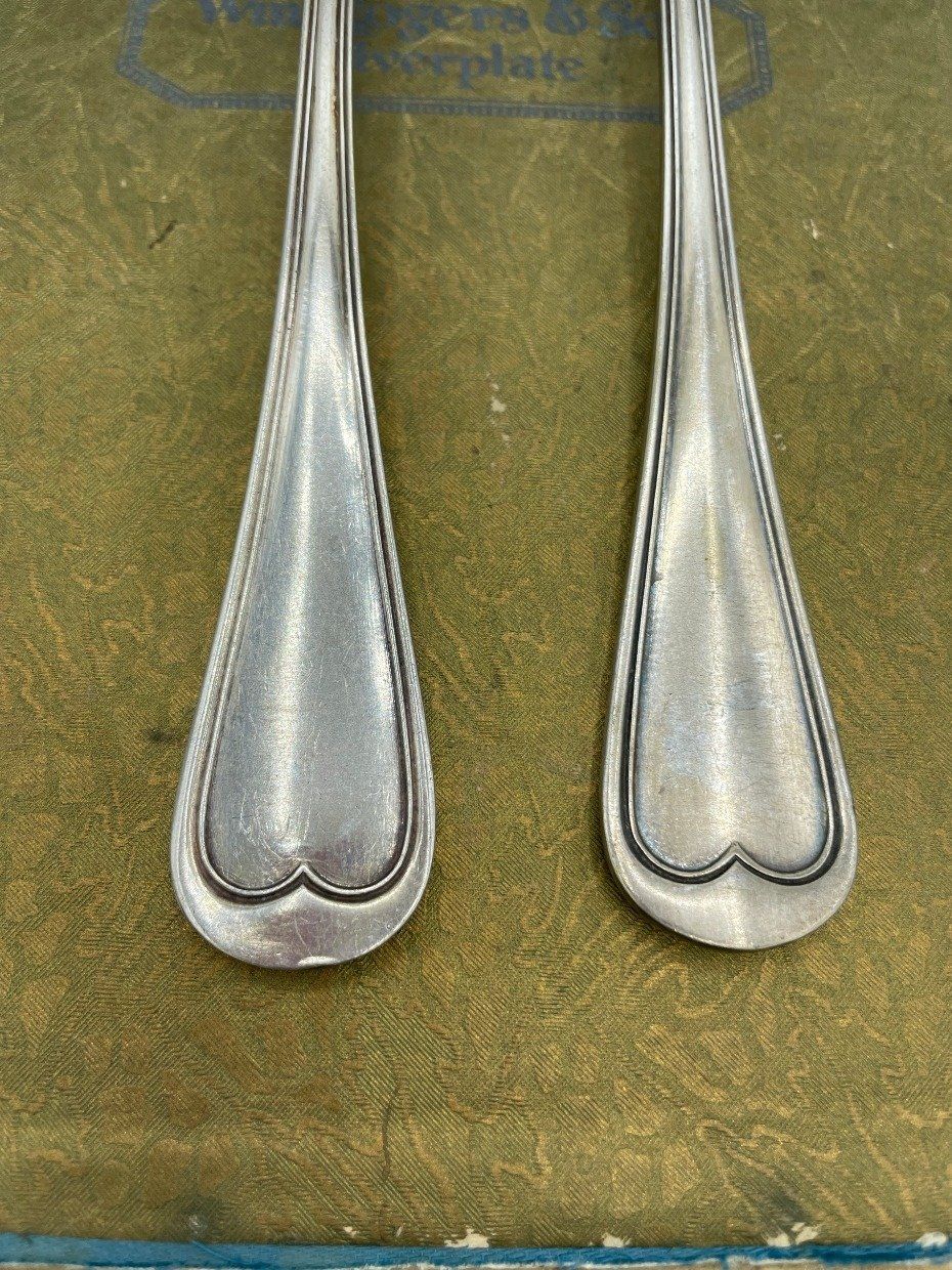 Set of 8 Weighty Antique Fiddle Back Silver Plated Colossal Fork + Spoon 2