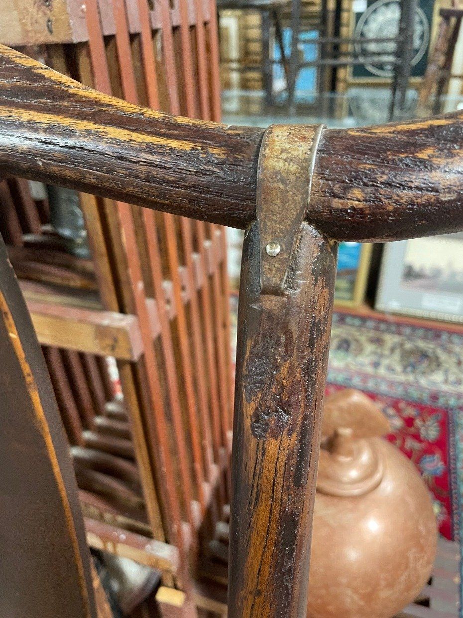 Single Armless 19th Century Chinese Oak Empire Chair w Metal Binding Detail 2