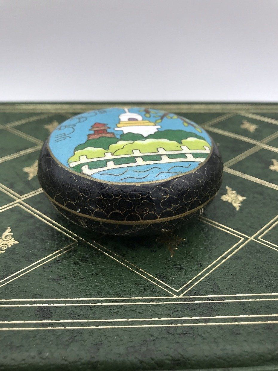 Round Dynasty Scene Cloisonne Painted Brass Trinket Box 4